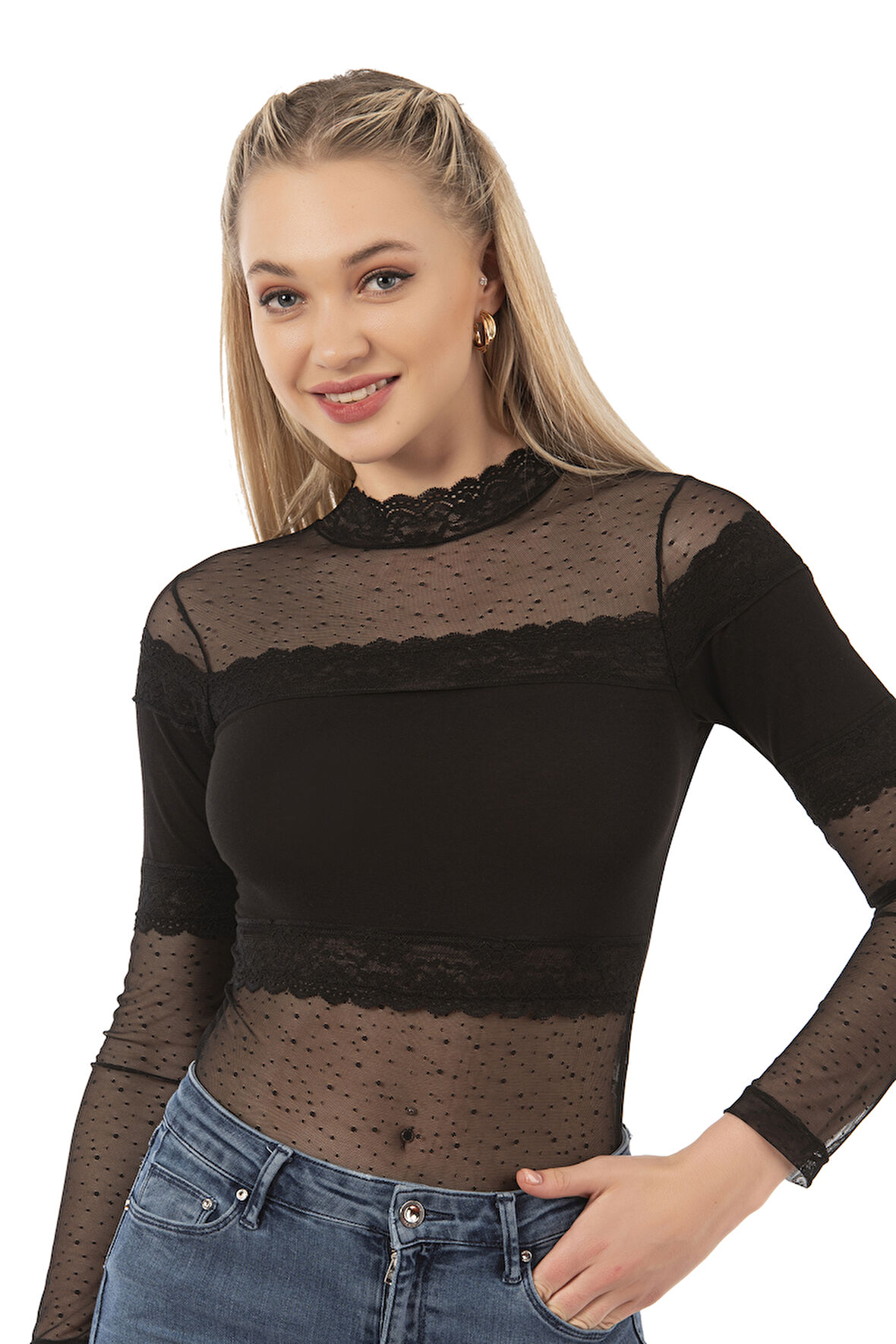 Özkan 25254 Kadın Pamuklu Uzun Kollu Tül Detaylı Örme Çıtçıtlı Body