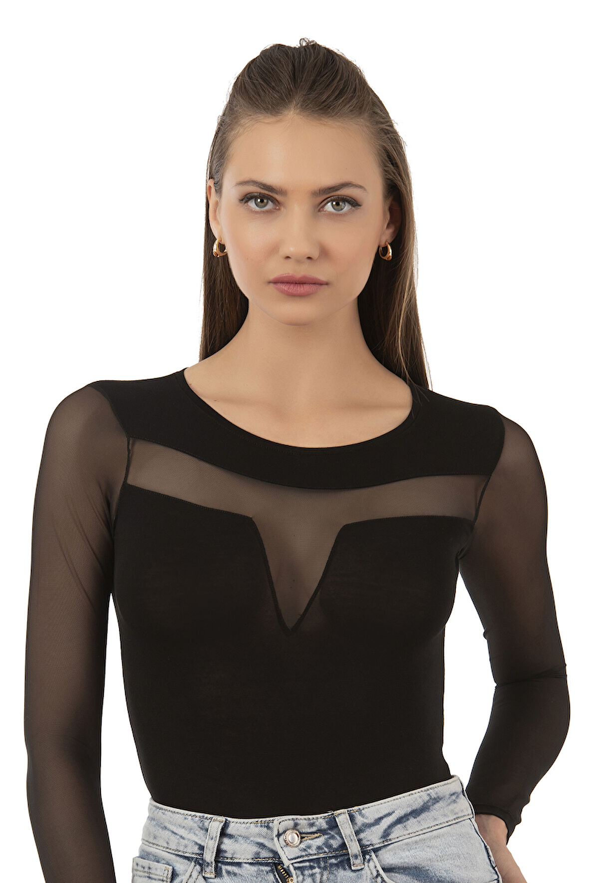 Özkan 25261 Kadın Viskon Uzun Kollu Tül Detaylı Örme Çıtçıtlı Body