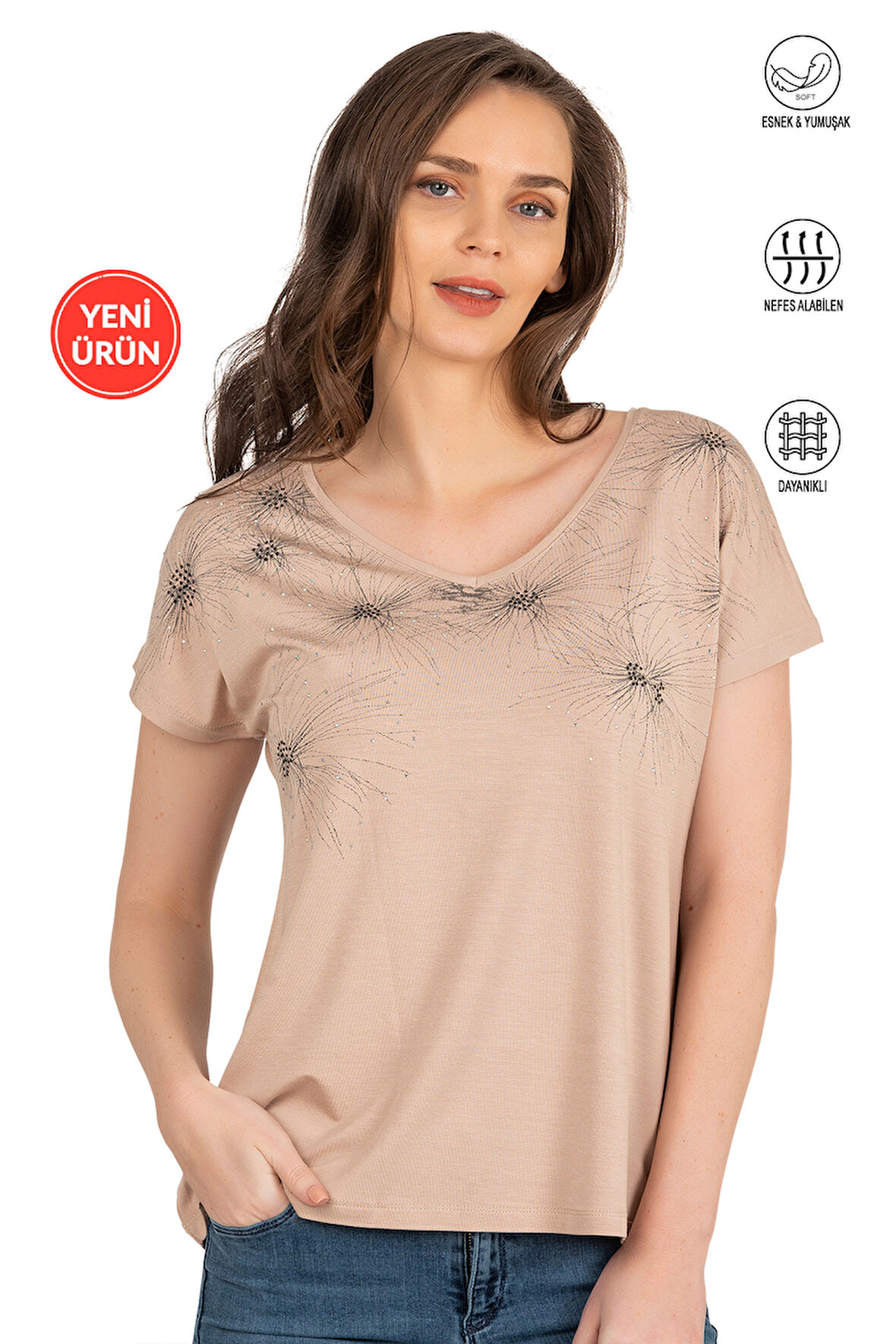 Özkan 25501 Kadın Vorteks Viskon Premium Kumaş Örme Bluz Önü Baskılı Likralı V Yaka Kısa Kollu 