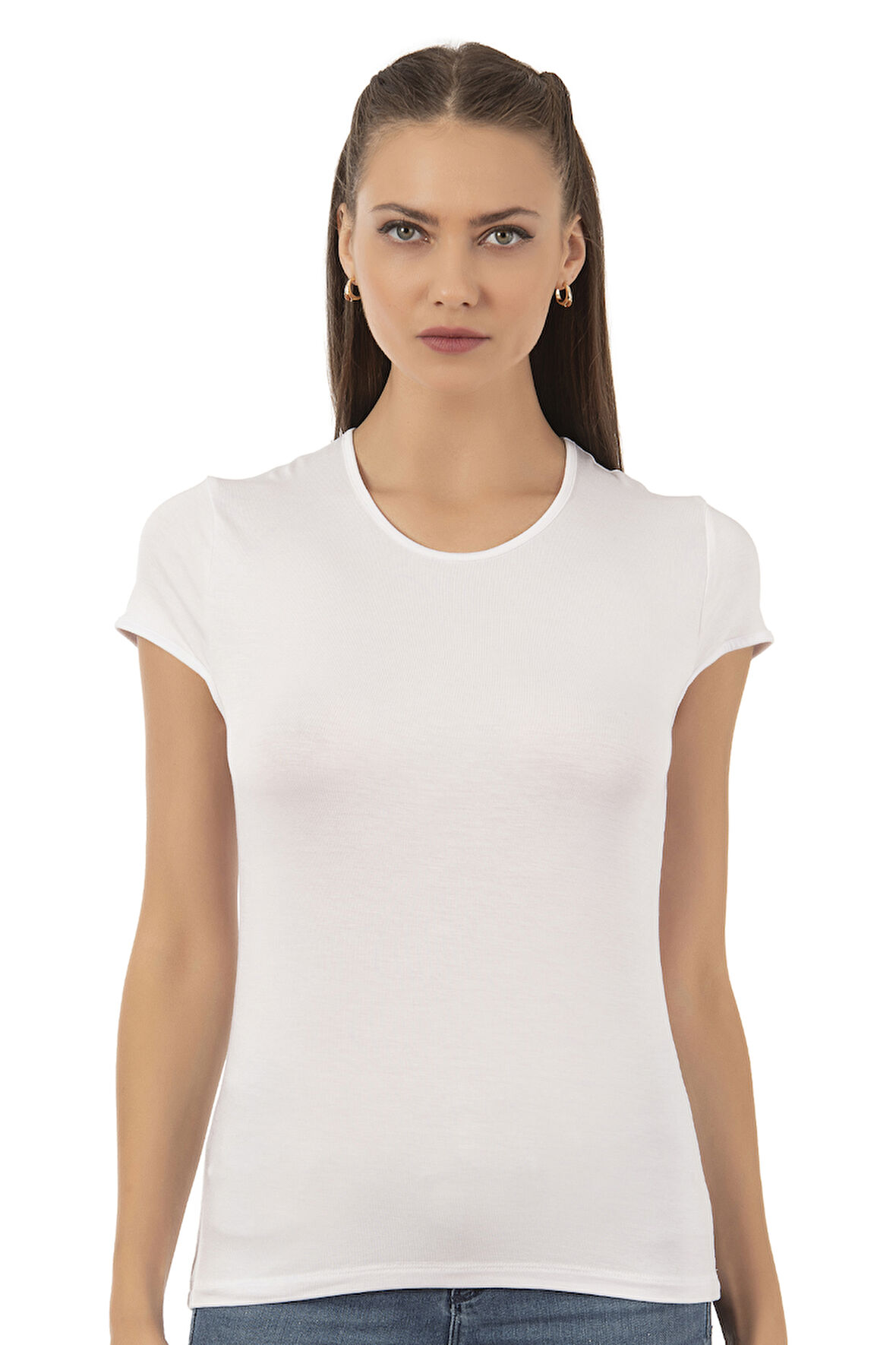 Özkan 7123 Kadın Premium Yumuşak Rahat Kumaş Viskon Bisiklet Yaka Kısa Kollu Örme T-Shirt