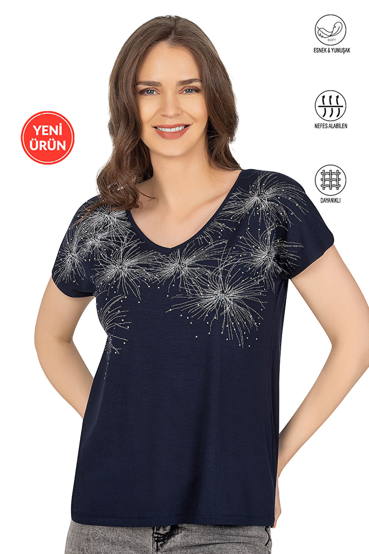 Özkan 25501 Kadın Vorteks Viskon Premium Kumaş Örme Bluz Önü Baskılı Likralı V Yaka Kısa Kollu 