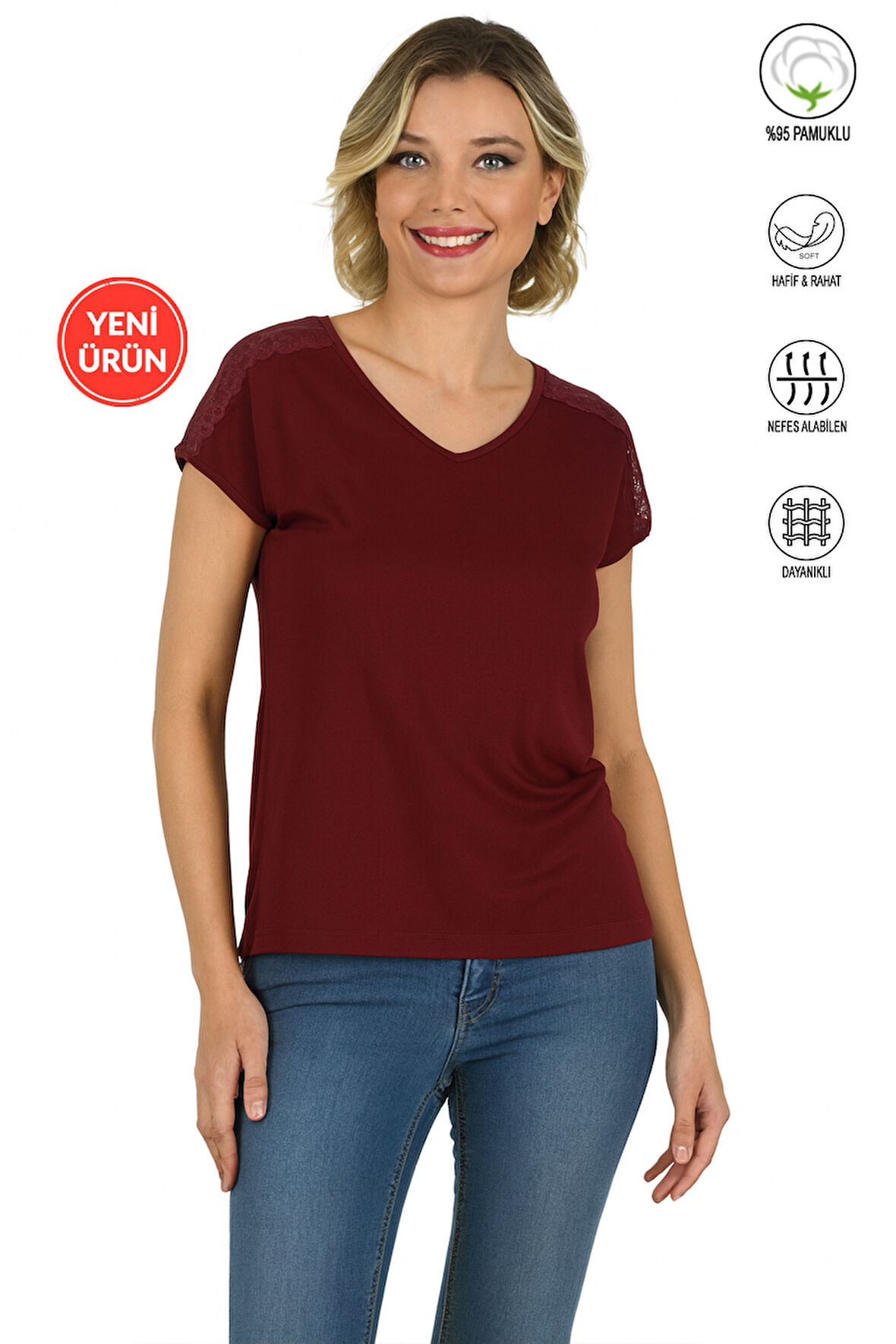 Özkan 25465 Kadın Bordo Vorteks Viskon Premium Kumaş Likralı Omzu Dantel Detaylı Örme Bluz