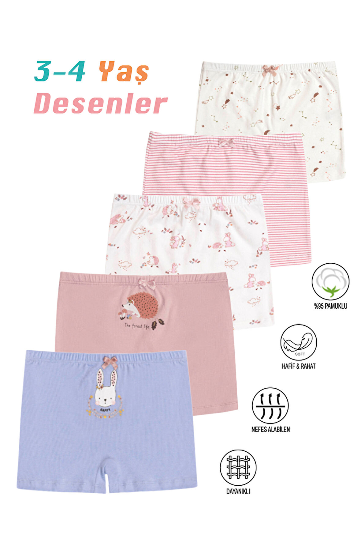 Özkan 41602 5'li Paket Kız Çocuk Karışık Renkli Desenli Pamuklu Yumuşak Rahat Şort Boxer