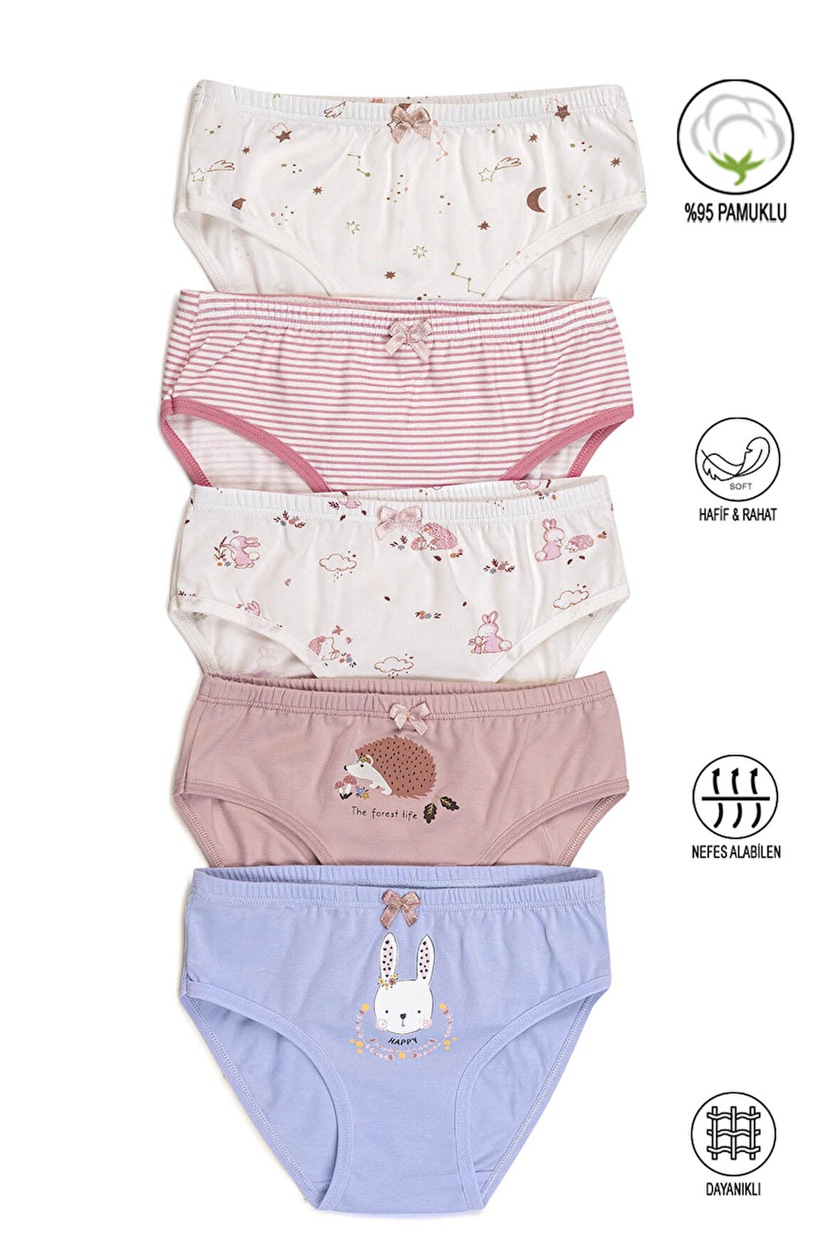 Özkan 41603 5'li Paket Kız Çocuk Karışık Renkli Desenli Pamuklu Yumuşak Slip Külot