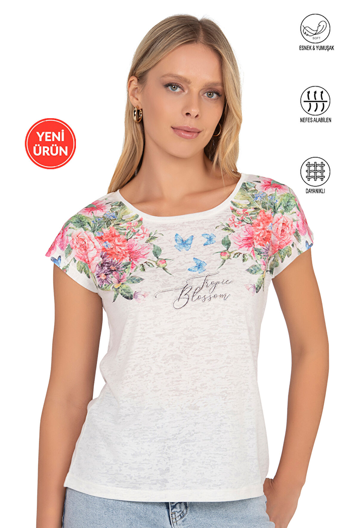 Özkan 25792 Kadın Viskon Premium Kumaş Kısa Kollu Örme Bluz Önü Baskılı Likralı