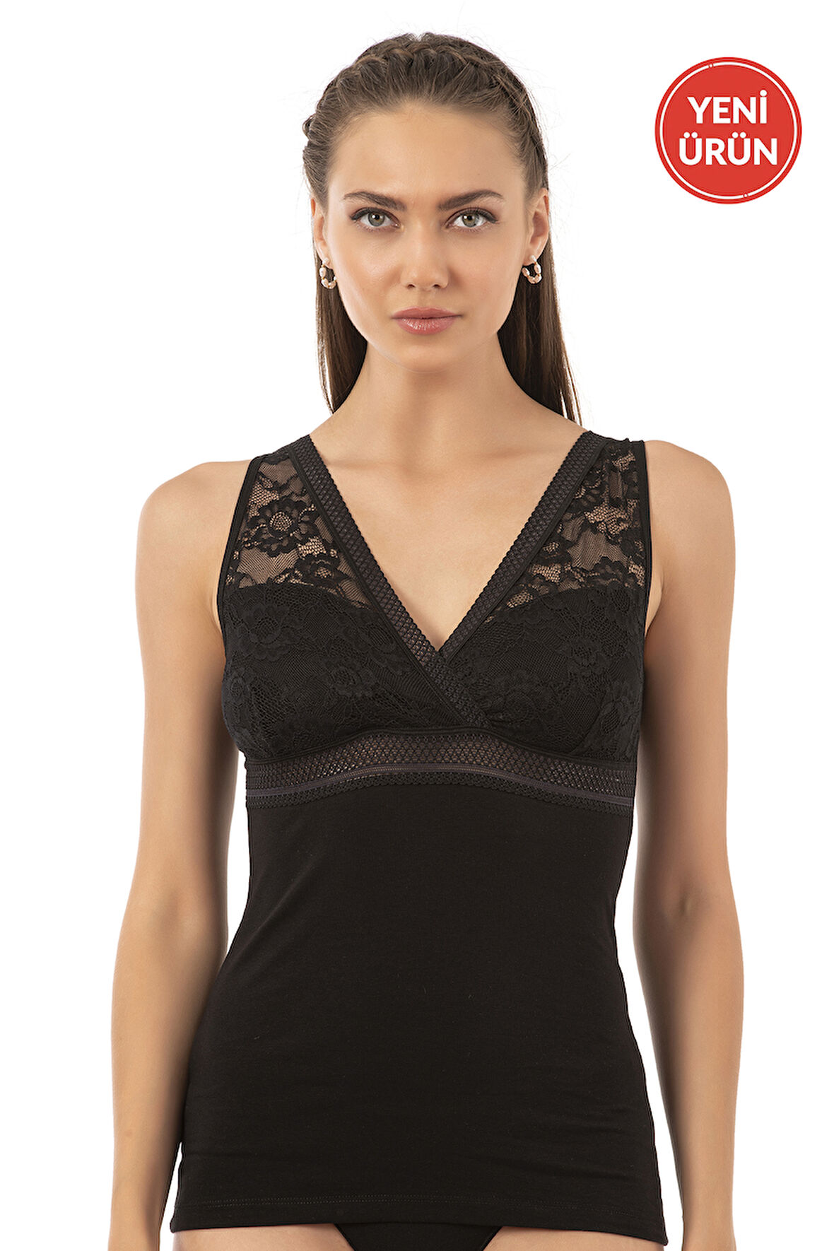 Özkan 25359 Kadın Pamuklu Süprem Esnek Rahat Yumuşak V Yaka Dantel Detaylı Kalın Askılı Atlet