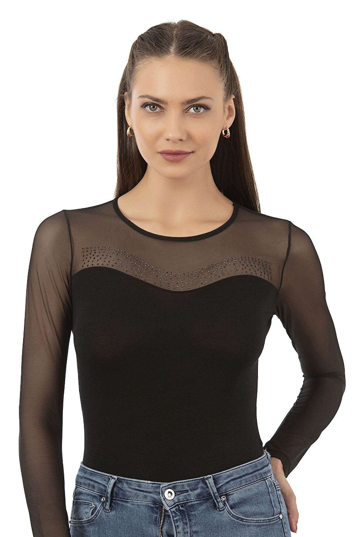 Özkan 25766 Kadın Ring Viskon Bisiklet Yaka Tül Detaylı Yakası Taş Detaylı Uzun Kollu Kancalı Çıtçıtlı Body