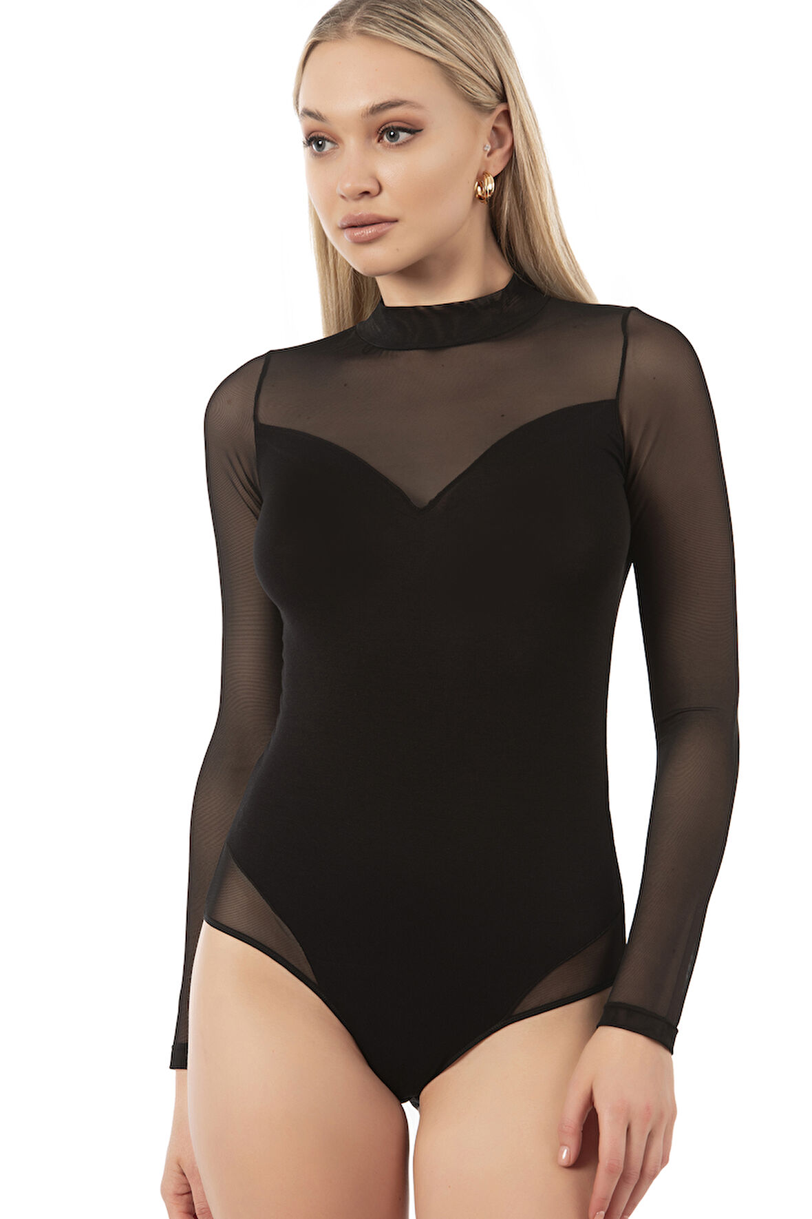 Özkan 25633 Kadın Ring Viskon Yarım Balıkçı Yaka Tül Detaylı Uzun Kollu Kancalı Çıtçıtlı Body