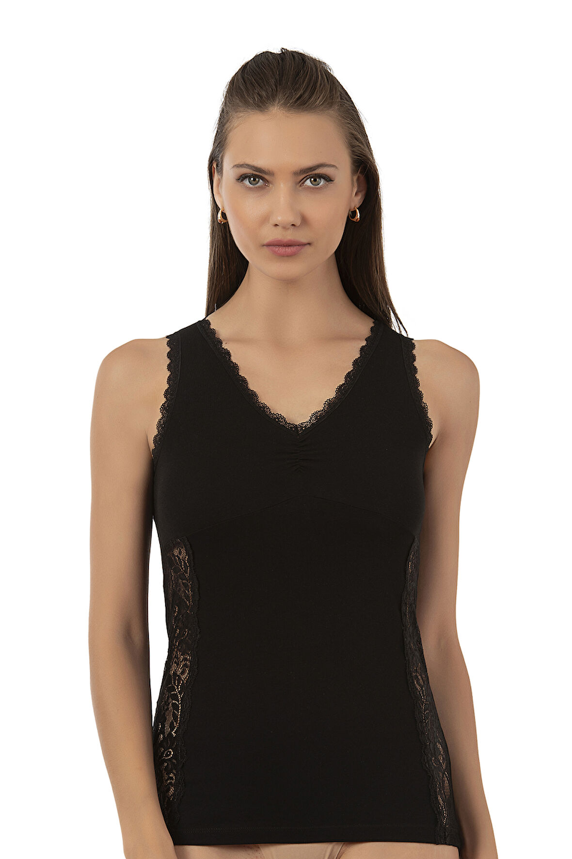 Özkan 25586 Kadın Pamuklu V Yaka Dantel Detaylı Kalın Askılı Süprem Atlet