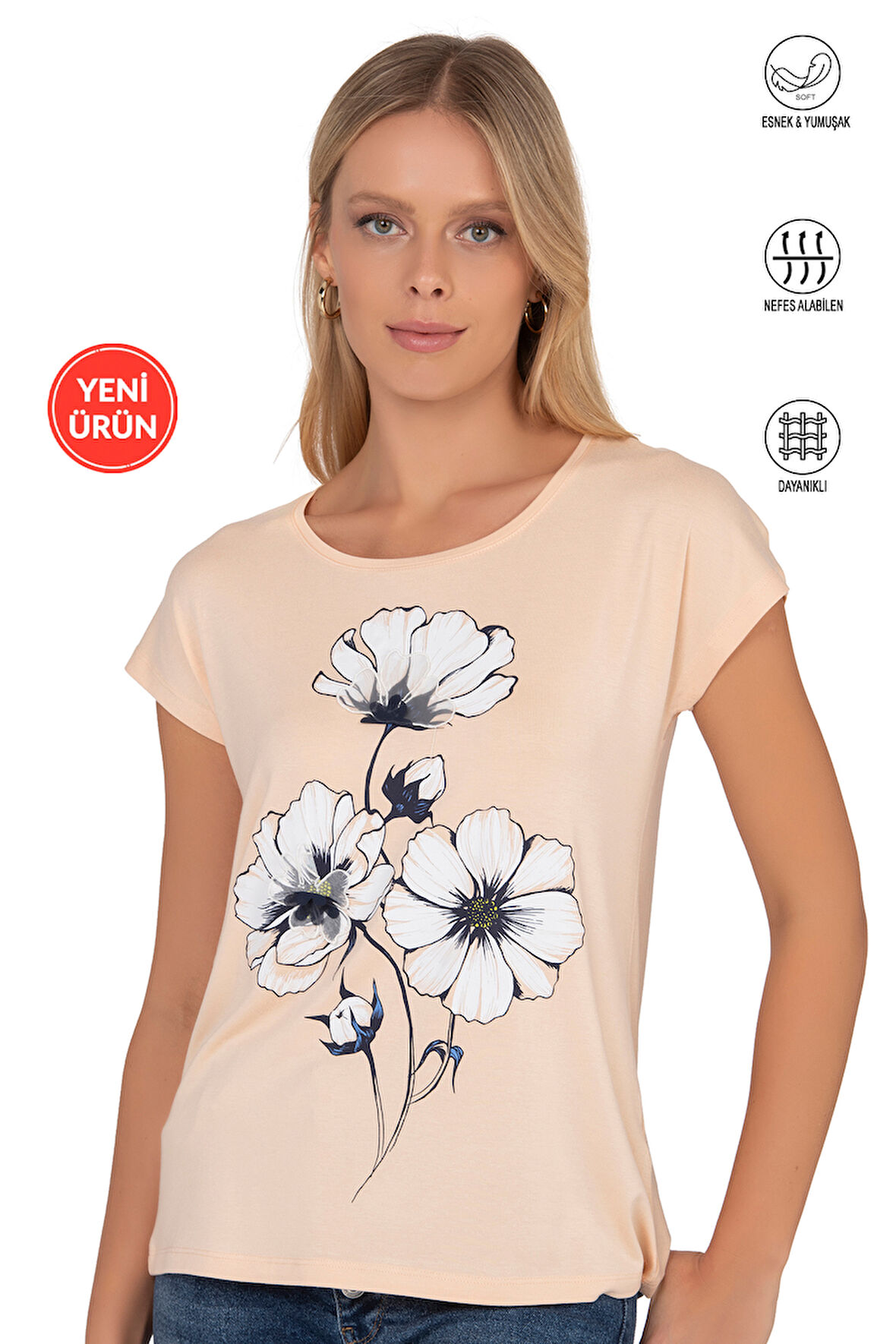 Özkan 26533 Kadın Vorteks Viskon Premium Kumaş Önü Çiçek Baskılı Kısa Kollu Örme Bluz