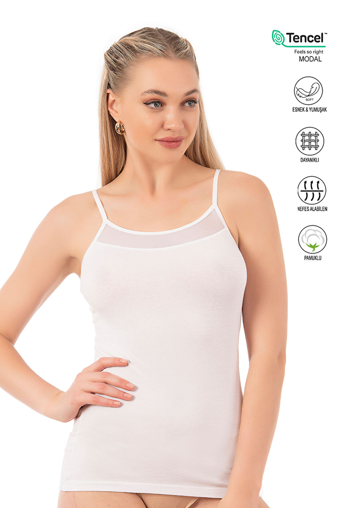 Özkan 26819 Kadın Pamuklu Modal Tül Detaylı İnce Askılı Atlet