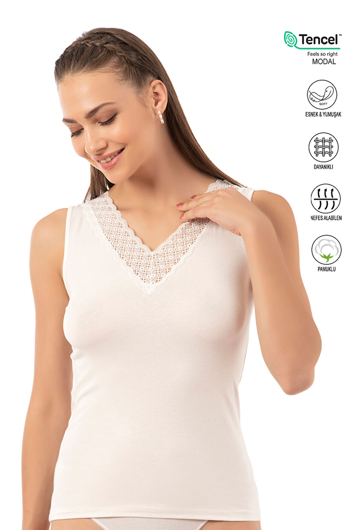 Özkan 26955 Kadın Pamuklu Modal Esnek Yumuşak Önü Dantel Detaylı V Yaka Kalın Askılı Atlet