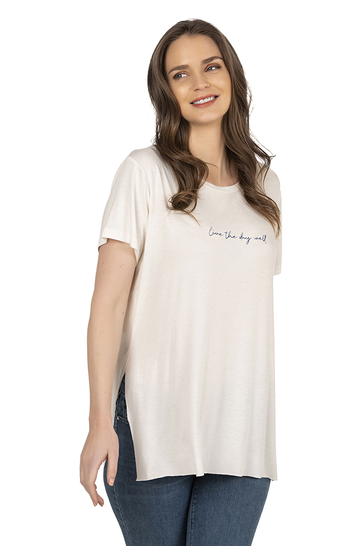 Özkan 27082 Kadın Premium Yumuşak Esnek Kumaş Vorteks Viskon Likralı Önü Yazılı Bisiklet Yaka Kısa Kollu T-shirt