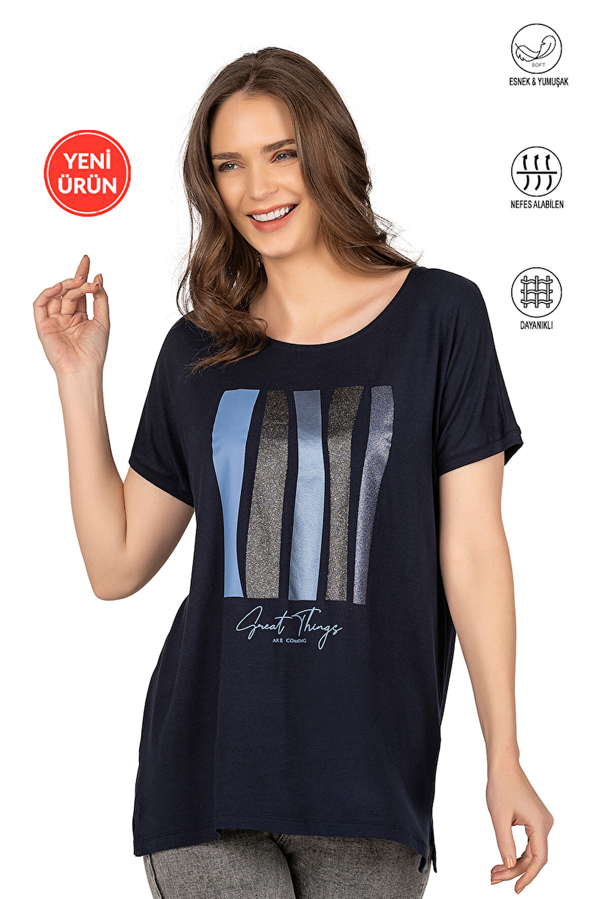 Özkan 26999 Kadın Premium Kumaş Önü Baskılı Likralı Yırtmaç Detaylı Örme Bluz