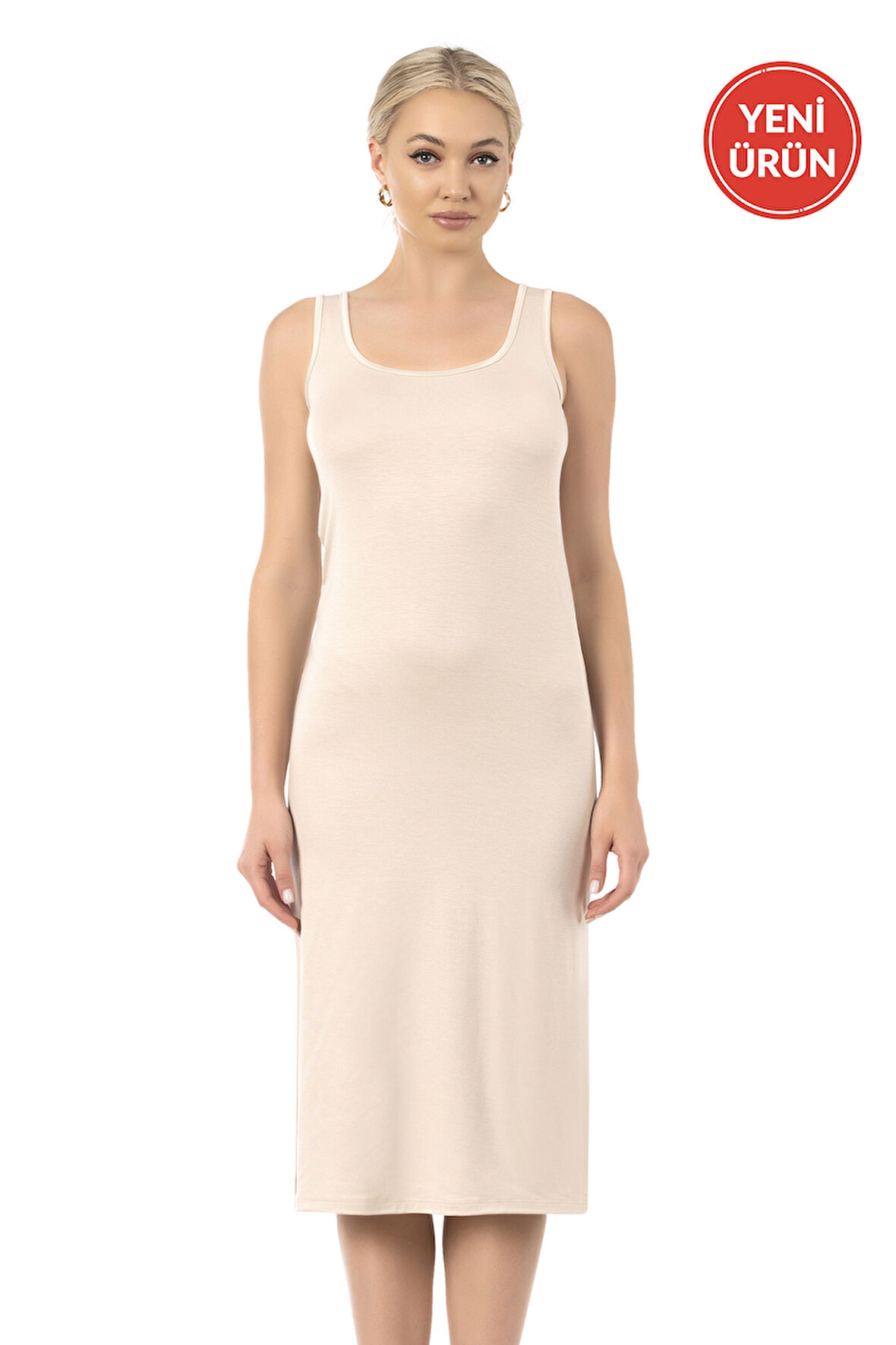 Özkan 27372 Kadın Premium Kumaş Viskon Diz Altı Uzun Esnek Rahat Kalın Askılı Kombinezon Elbise Jüpon Astar