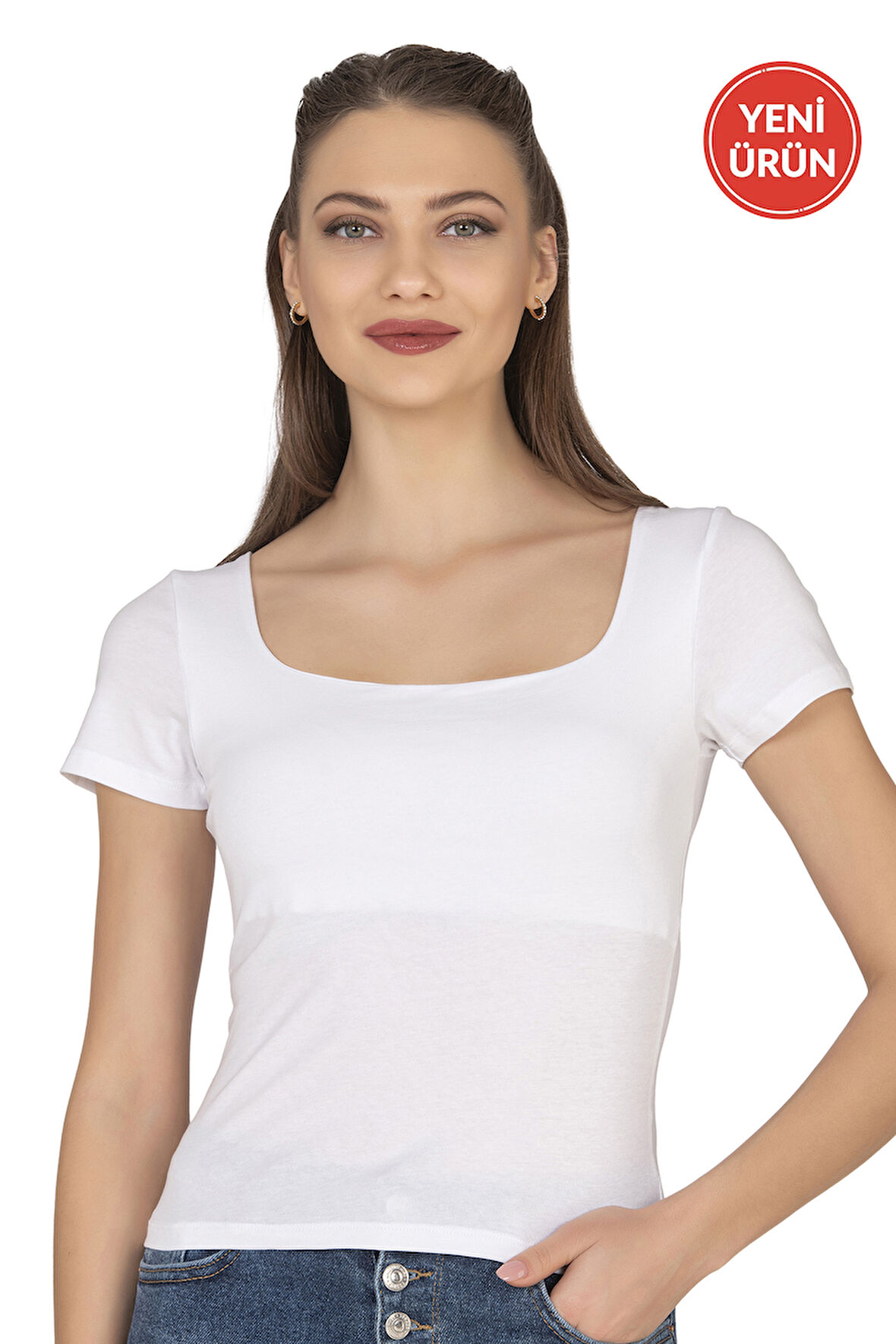 Özkan 27419 Kadın Pamuklu Rahat Kısa Kollu Süprem Kumaş Kare Yaka Crop T-Shirt