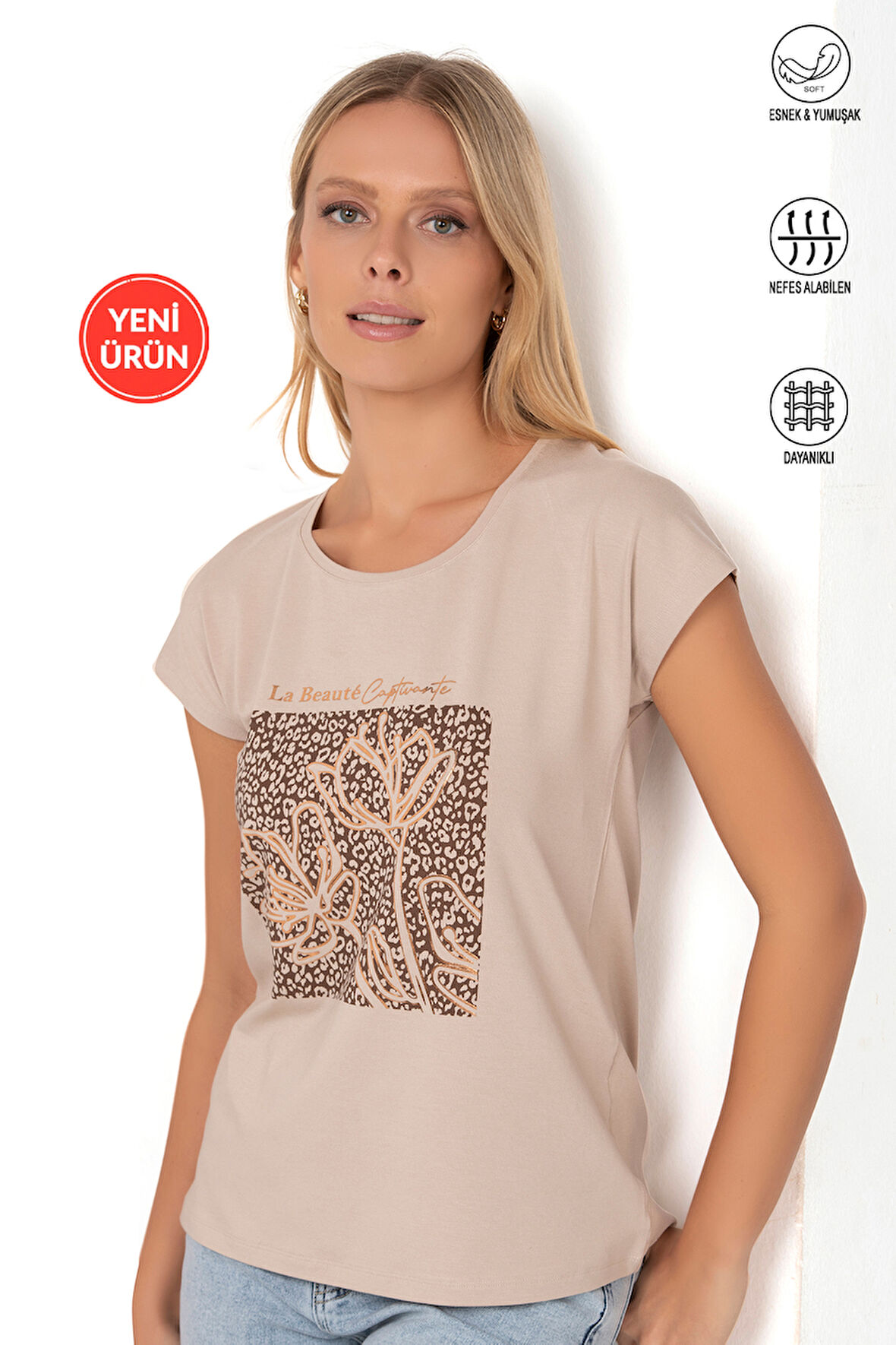 Özkan 27580 Kadın Kahve Vorteks Viskon Premium Kumaş Baskılı Kısa Kollu Örme Bluz