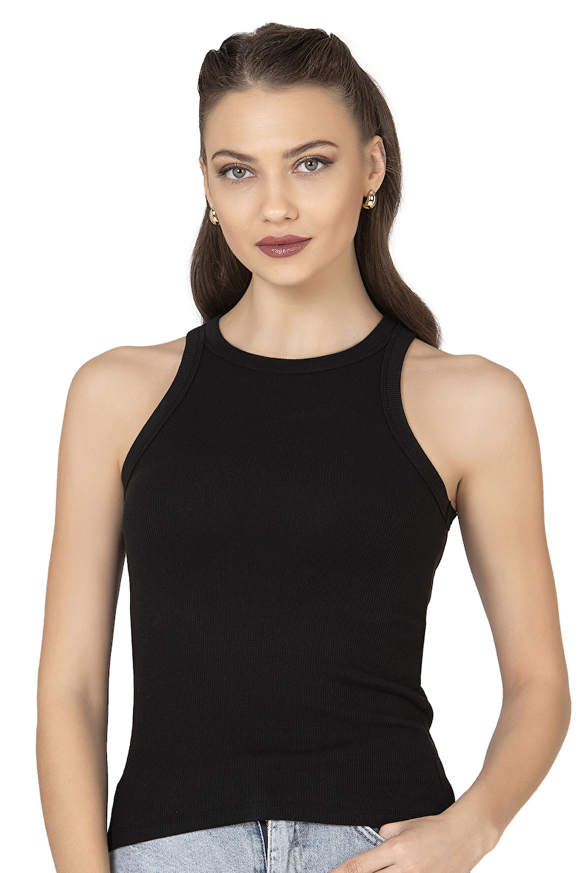 Özkan 27464 Kadın Pamuklu Kaşkorse Fitilli Esnek Rahat Halter Yaka Geniş Biyeli Örme Atlet