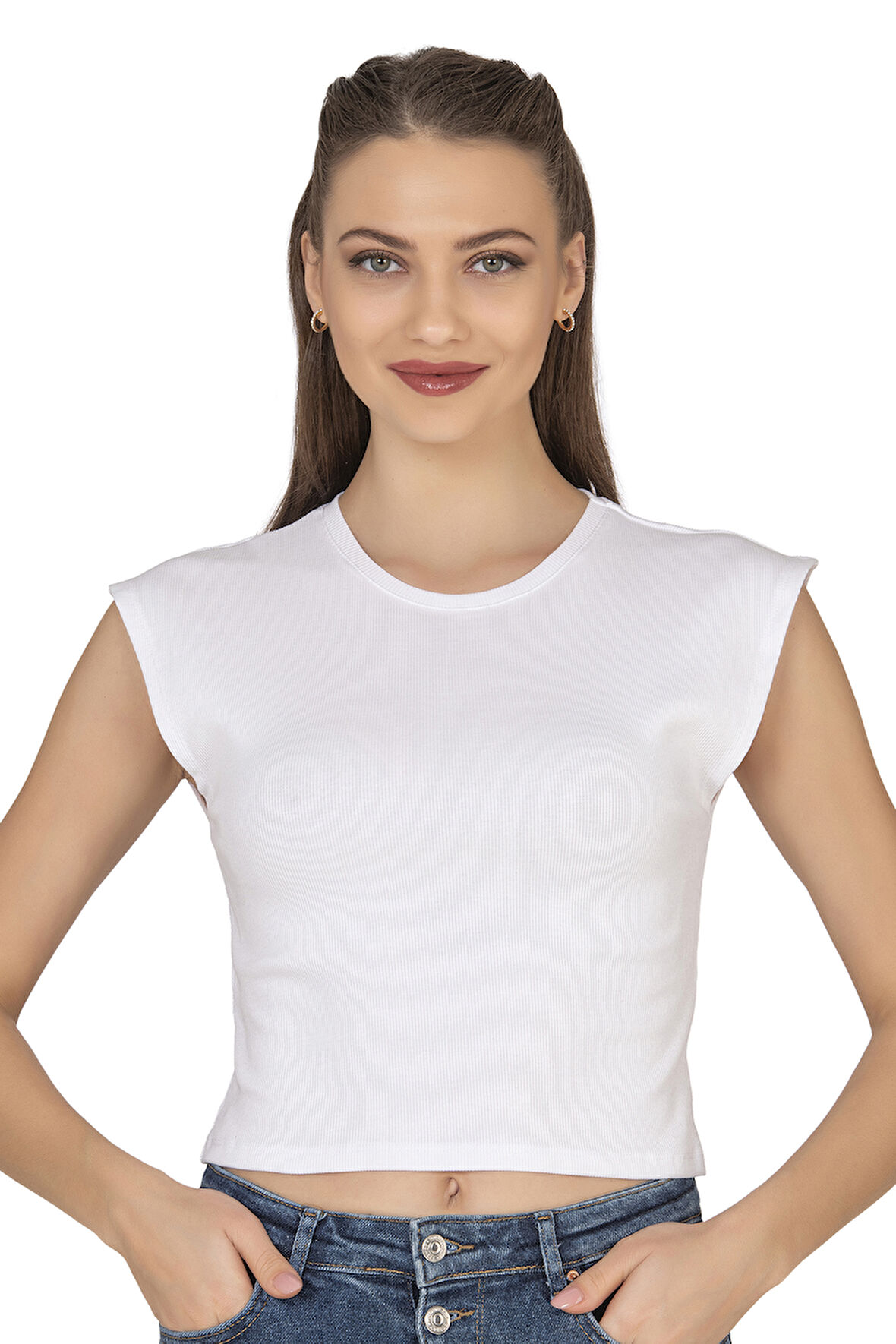 Özkan 27414 Kadın Pamuklu Fitilli Kaşkorse Düşük Kol Bisiklet Yaka Crop T-Shirt Bluz