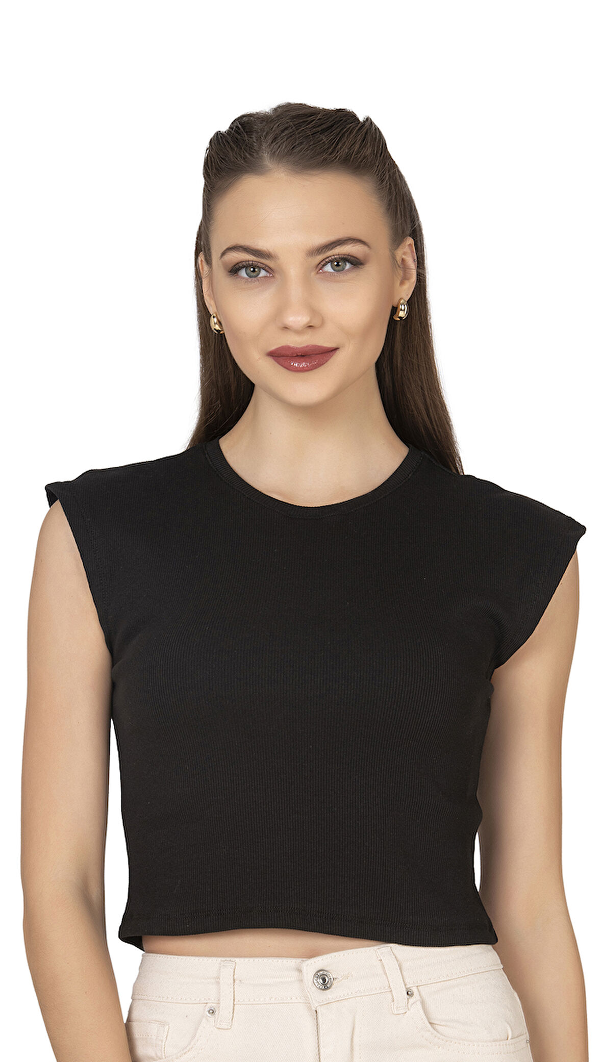 Özkan 27414 Kadın Pamuklu Fitilli Kaşkorse Düşük Kol Bisiklet Yaka Crop T-Shirt Bluz