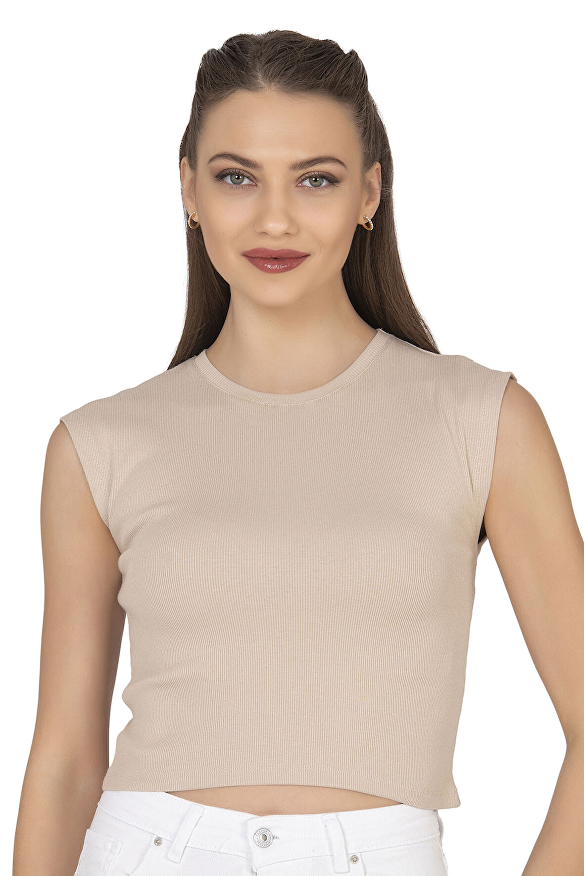 Özkan 27414 Kadın Pamuklu Fitilli Kaşkorse Düşük Kol Bisiklet Yaka Crop T-Shirt Bluz