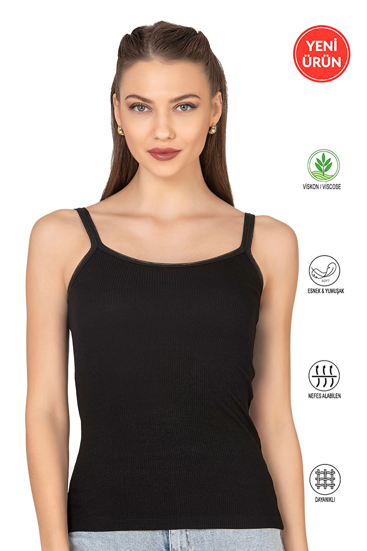 Özkan 27412 Kadın Viskon Kaşkorse Kumaş Esnek Rahat Tül Biyeli İp Askılı Atlet