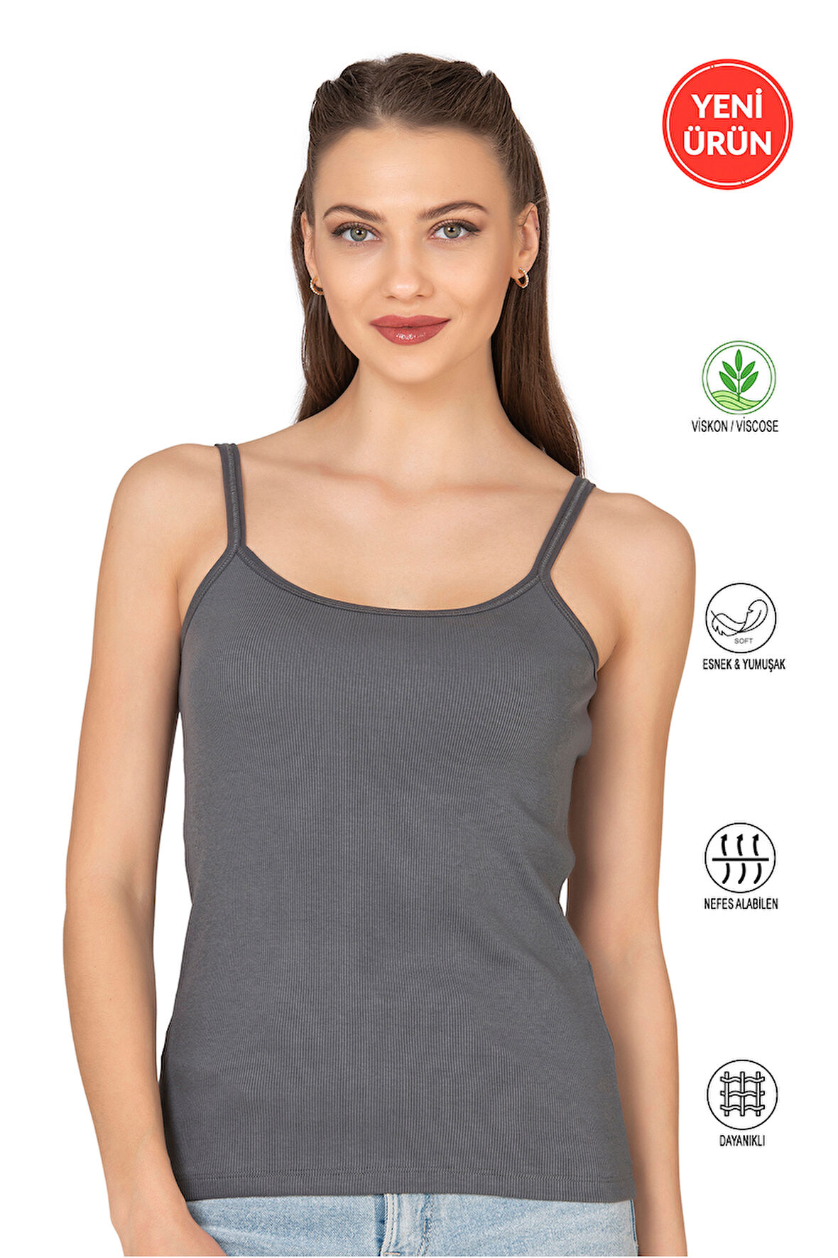 Özkan 27412 Kadın Viskon Kaşkorse Kumaş Esnek Rahat Tül Biyeli İp Askılı Atlet