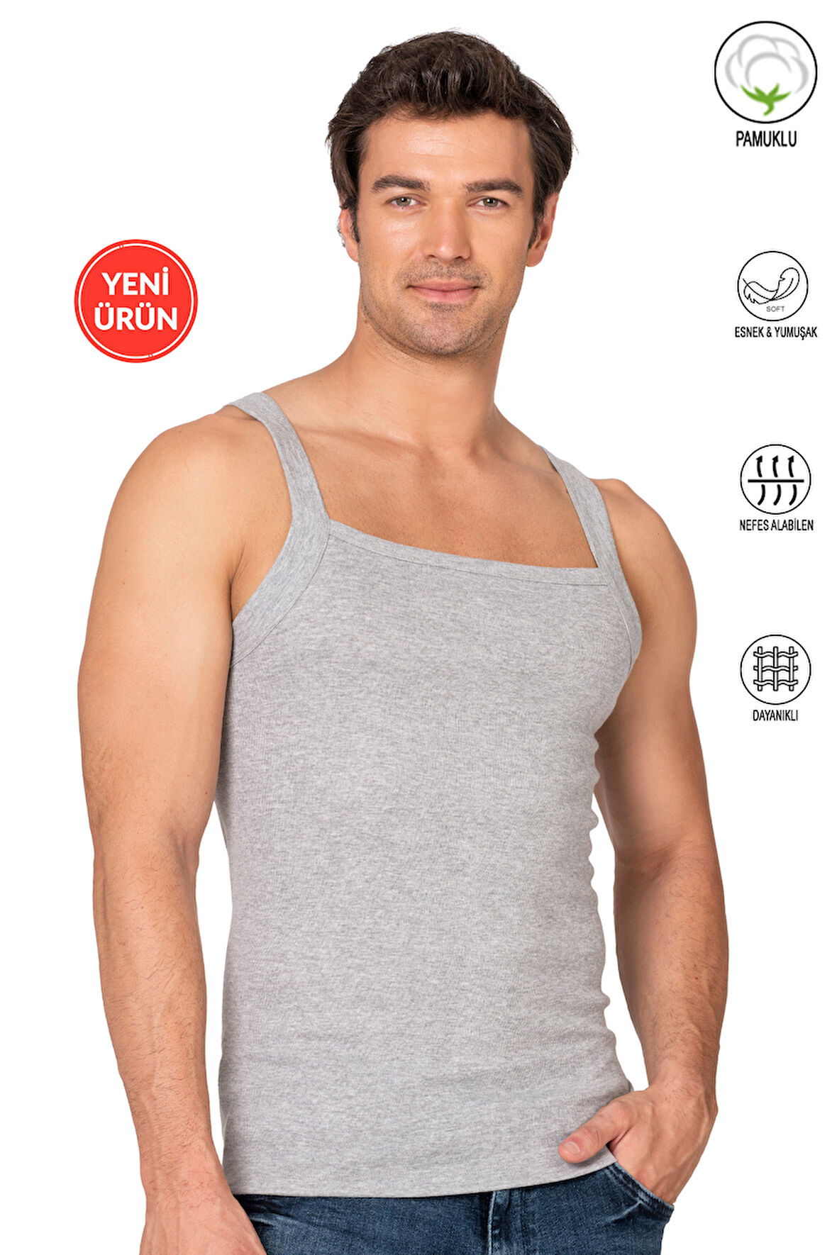 Özkan 11292 Erkek %100 Pamuklu Ribana Kumaş İnce Askılı Geniş Yaka Atlet Esnek Yumuşak