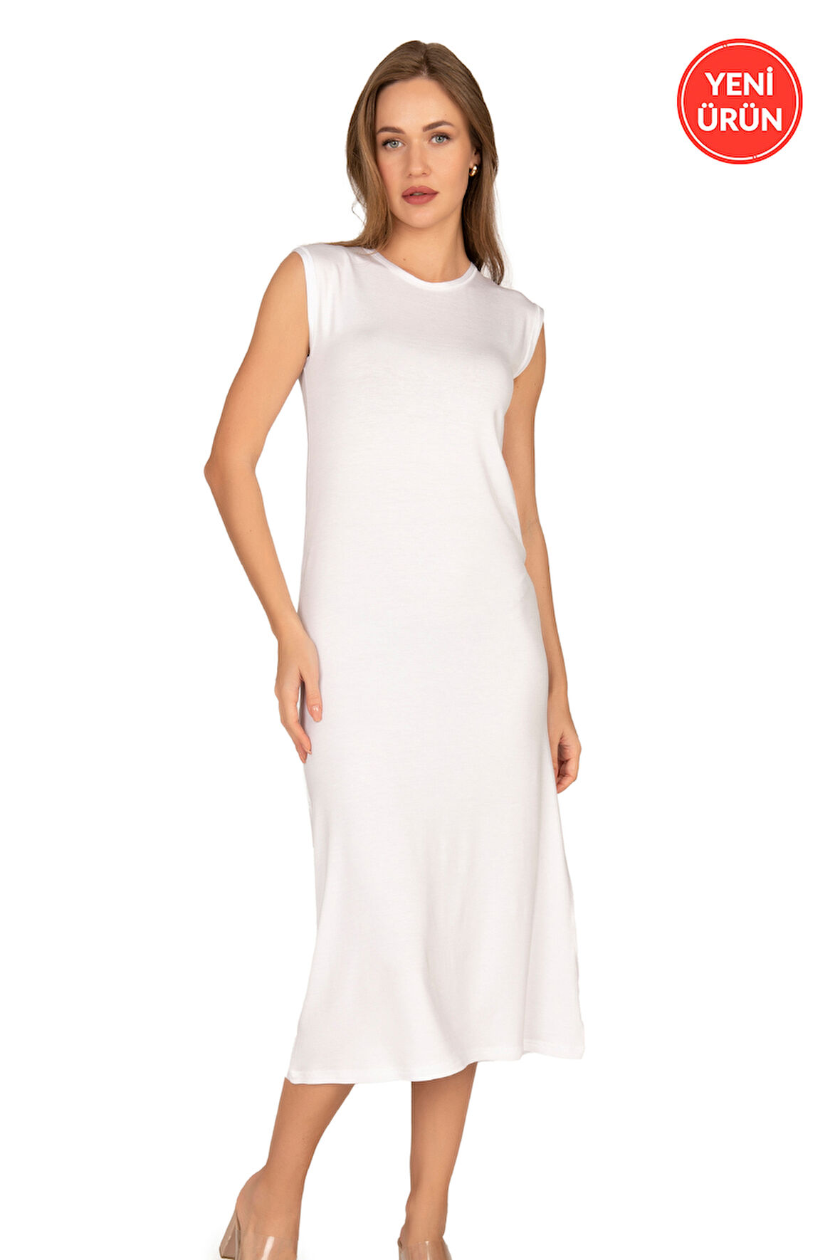 Özkan 27670 Kadın Viskon Premium Kumaş Uzun Boy Kapalı Yaka Tesettür Astar Kombinezon Sıfır Kol Elbise Jüpon