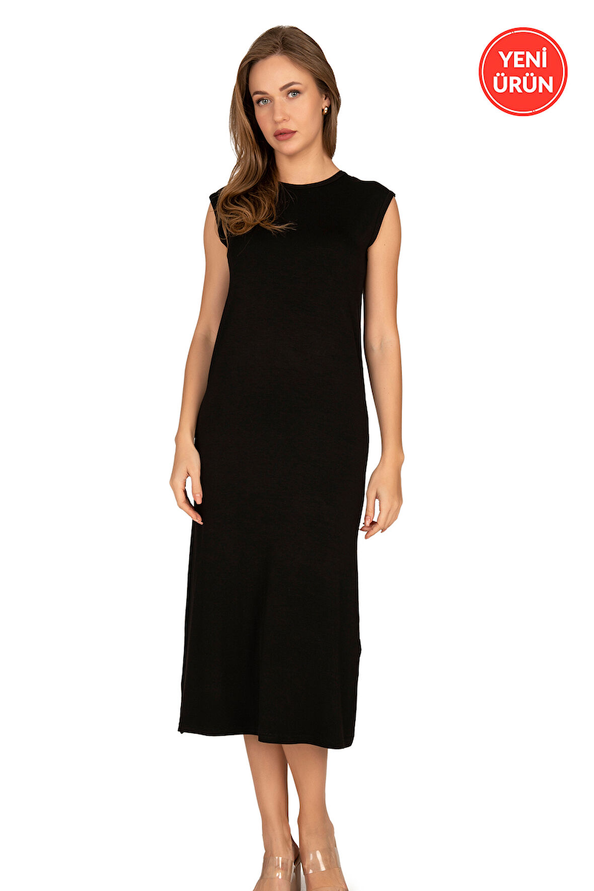 Özkan 27670 Kadın Viskon Premium Kumaş Uzun Boy Kapalı Yaka Tesettür Astar Kombinezon Sıfır Kol Elbise Jüpon