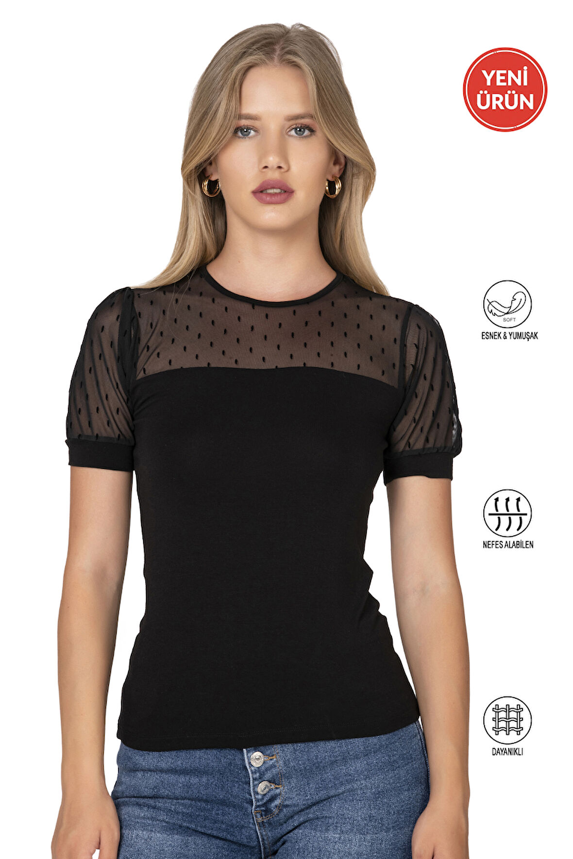 Özkan 27680 Kadın Premium Kumaş Ring Viskon Kısa Kollu T-Shirt Bluz Bisiklet Yaka Tül Detaylı