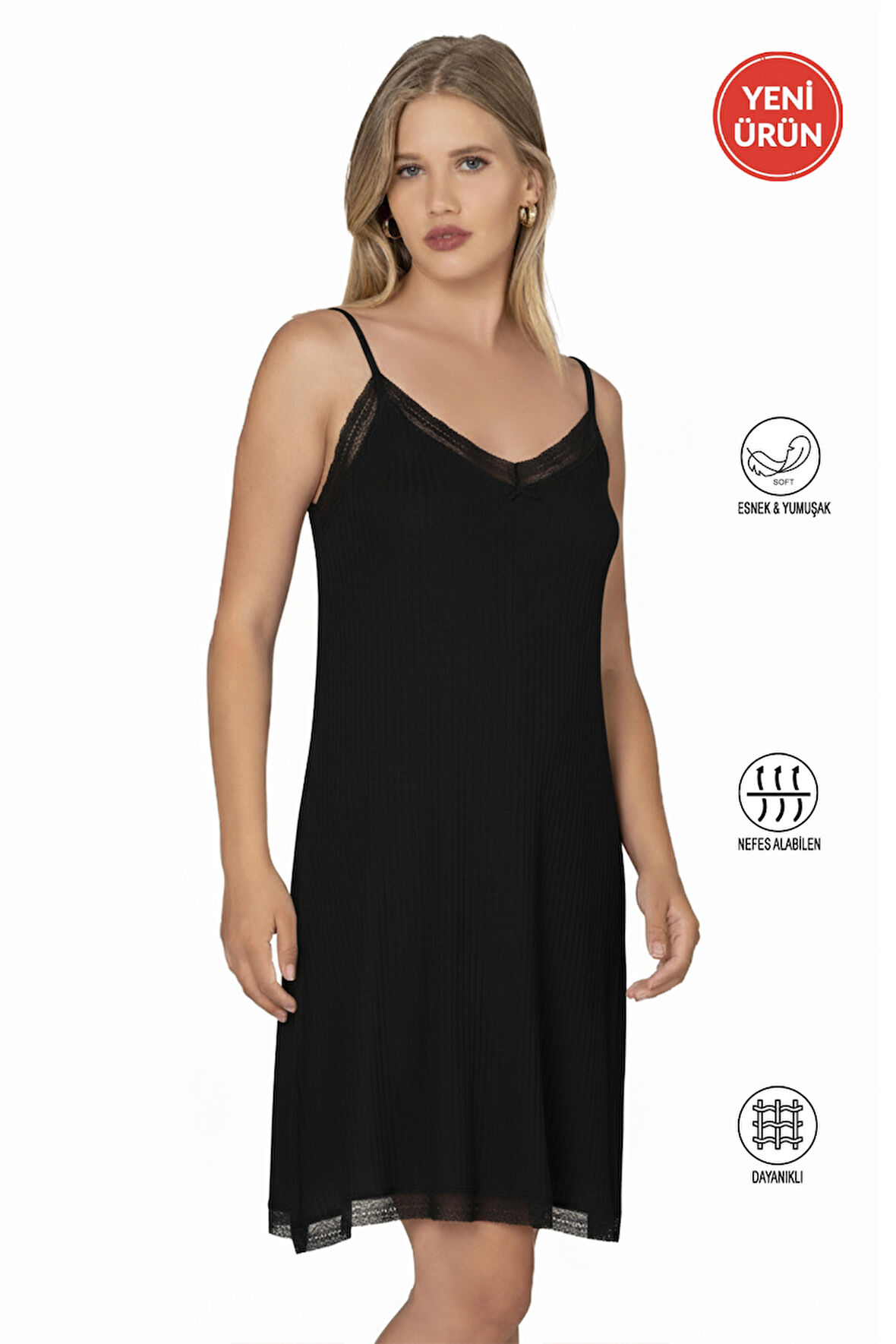 Özkan 27731 Kadın Viskon Premium Kumaş Kaşkorse Dantel Detaylı  Diz Üstü Kombinezon Elbise Astar Jüpon