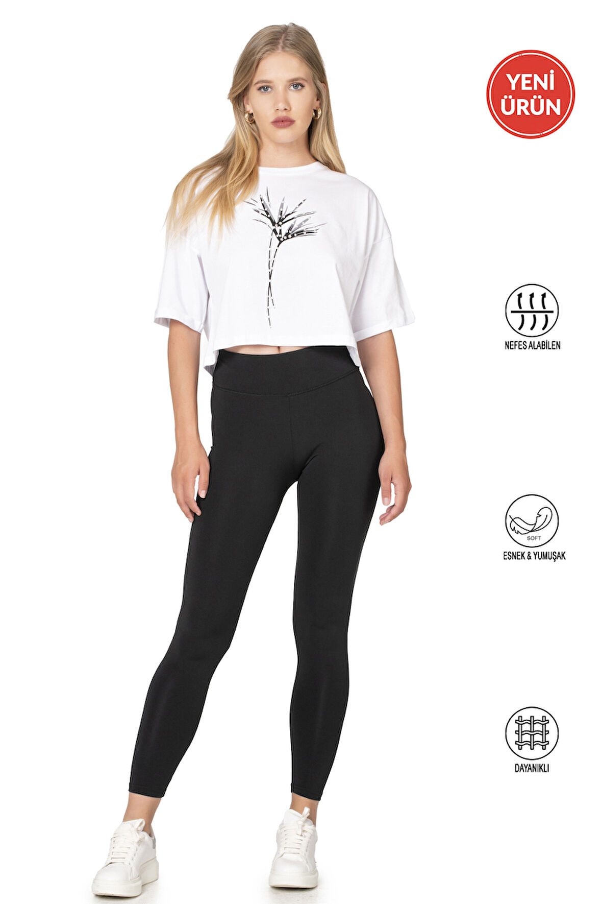 Özkan 27682 Kadın İnterlok Kumaş Likralı Yüksek Bel Esnek Rahat Düz Uzun Tayt