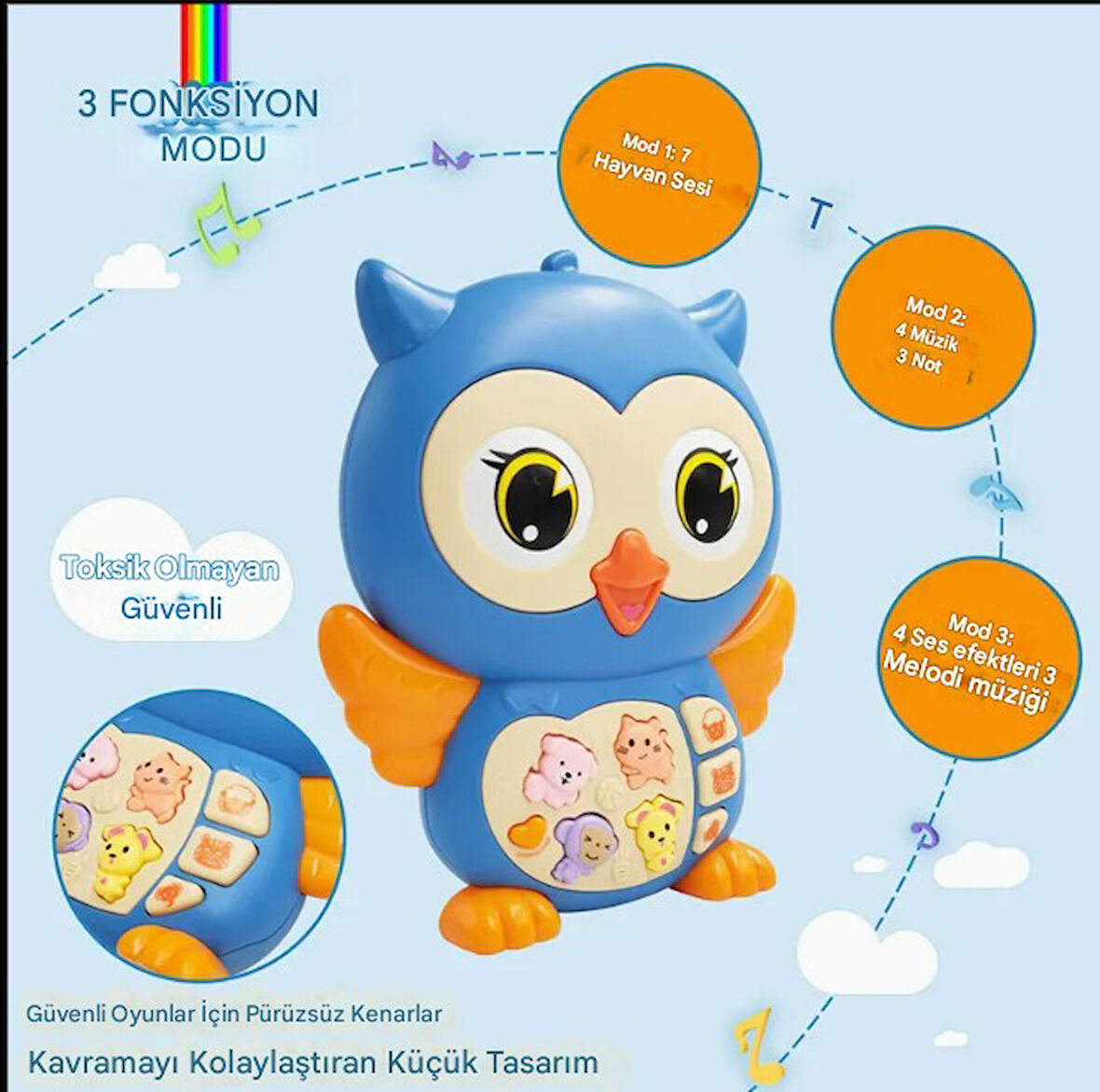 Baykuş Eğitici Bebek Piyanosu - Mavi