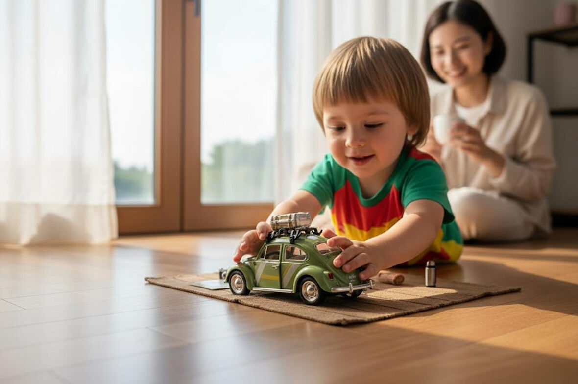 Klasik Işıklı Sesli Metal Araba - Yeşil Valizli Retro Beetle - 15 cm