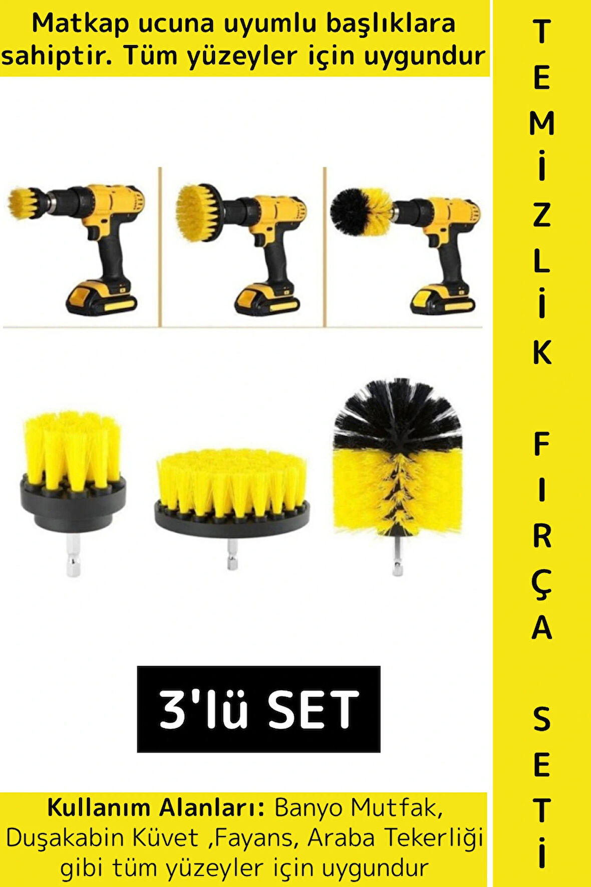 Premium Banyo Küvet Fayans Mutfak Oto Koltuk Tekerlek Matkap Ucuna Takılan 3'lü Temizlik Fırça Seti