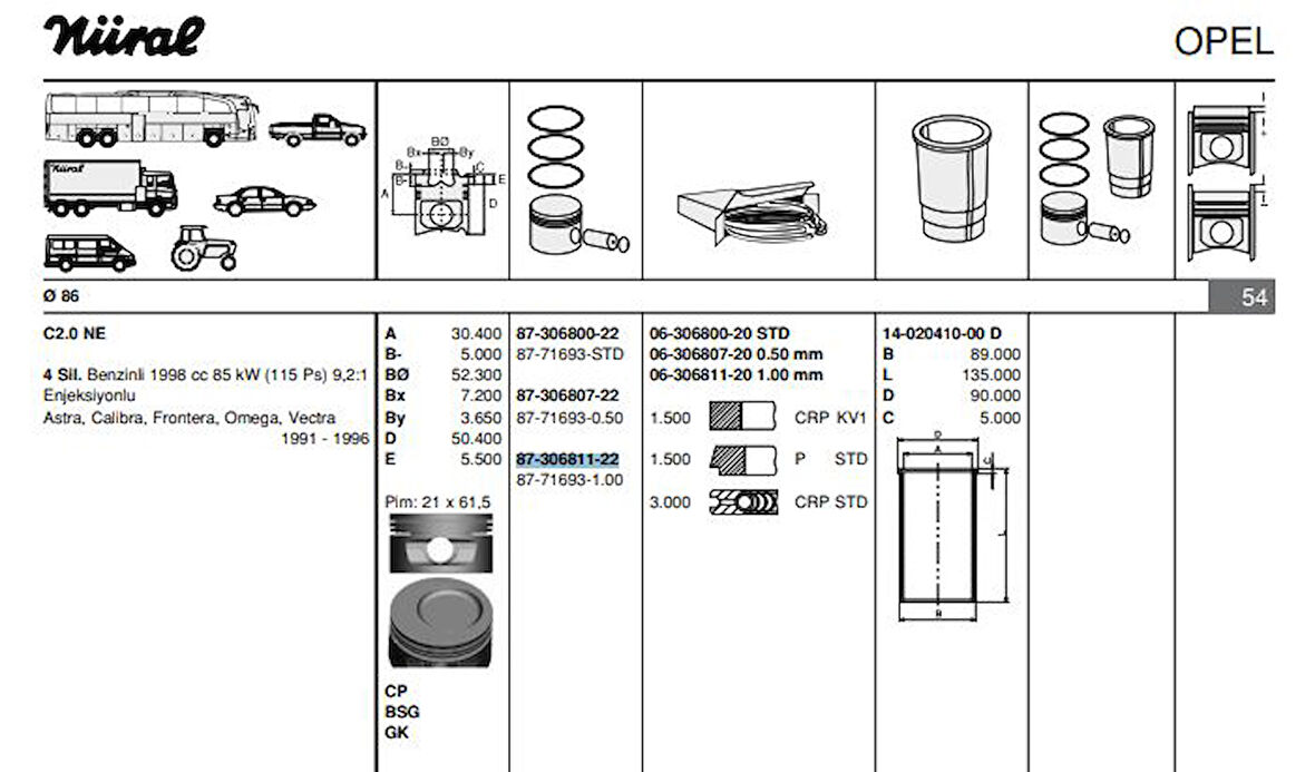 Opel Motor Piston + Segmanı C20ne Vectra A (87,00mm) 100 - Goetze 8771693100000g