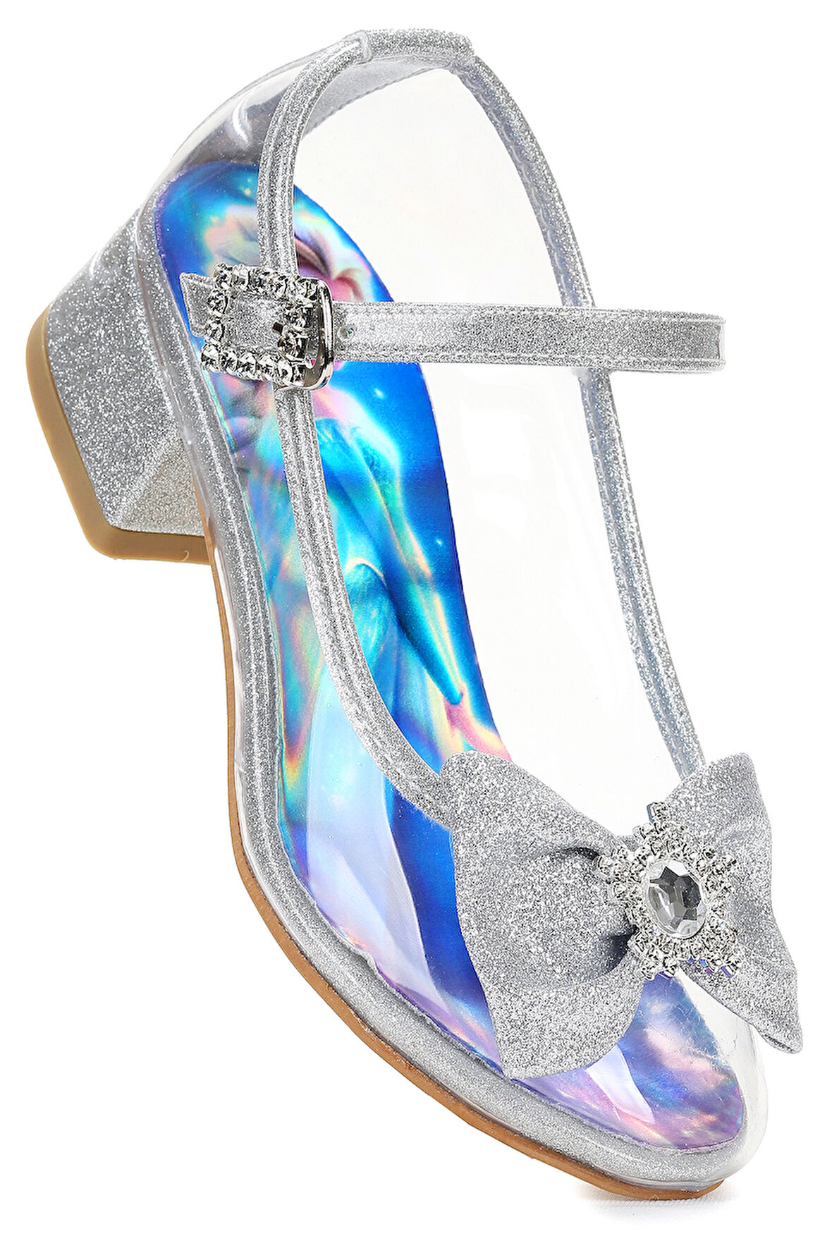  Asel Kız Çocuk Simli Topuklu Abiye Şeffaf Ayakkabı