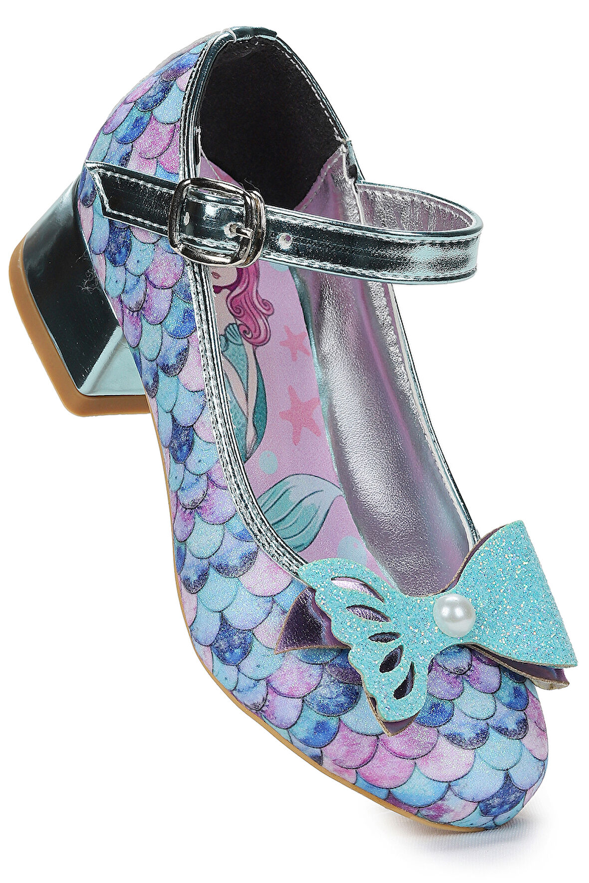  Deniz Kızı İnci Fiyonklu Simli Kız Çocuk Topuklu Abiye Ayakkabı