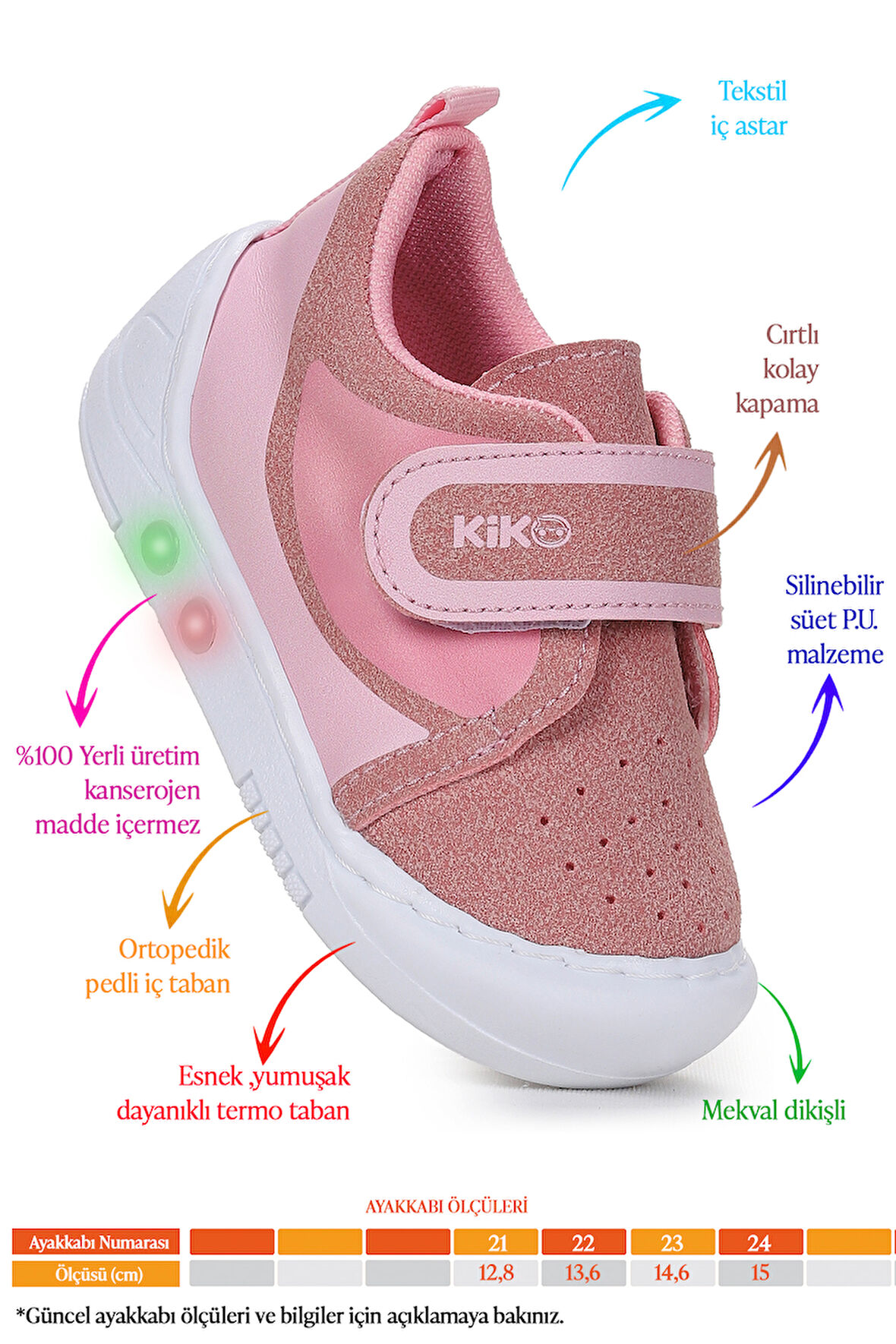 Kiko Kids Kugan Cırtlı Işıklı Kız Bebek Yürüyüş Spor Ayakkabı