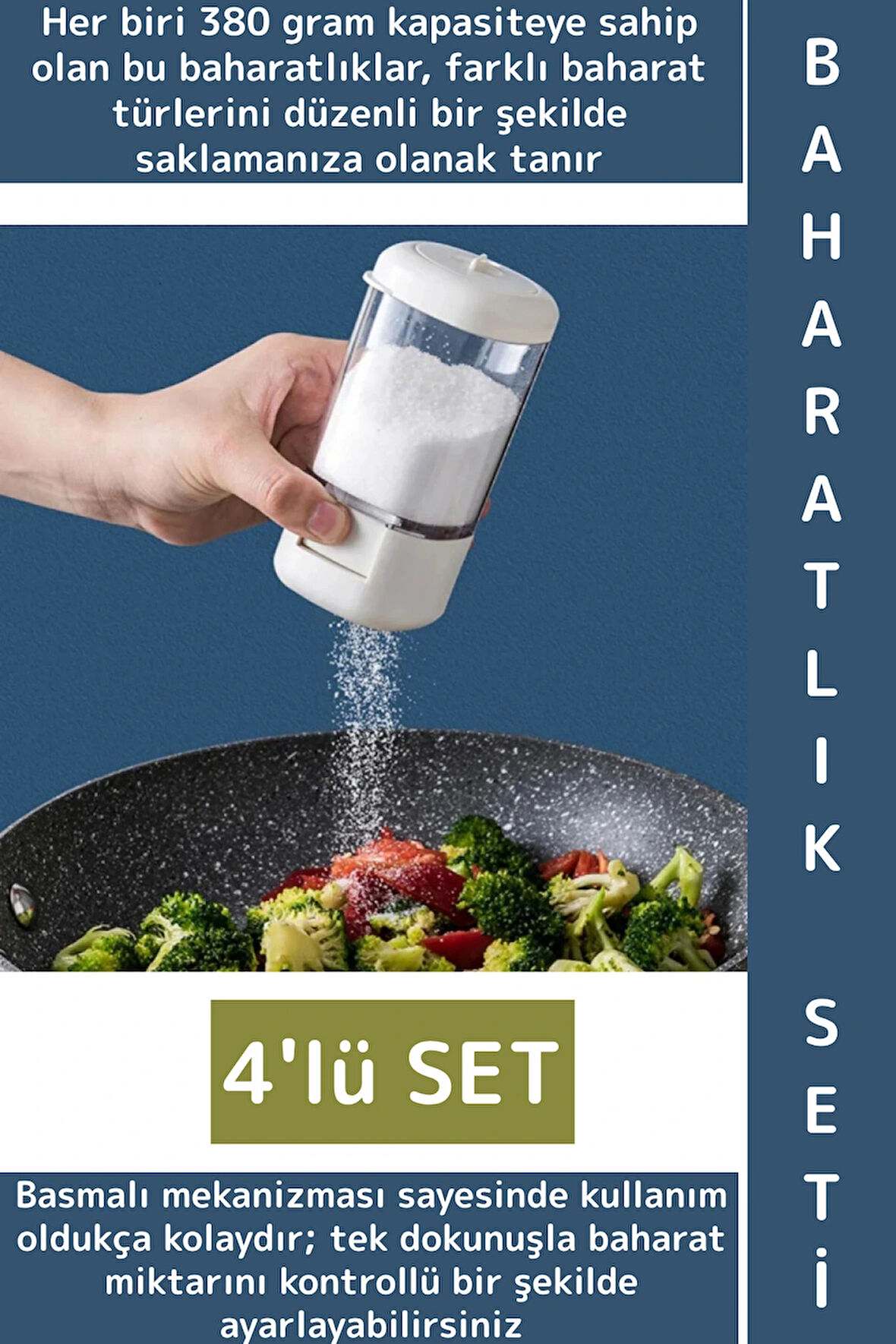 Premium Dayanıklı Toz-Taneli Kullanım Şeffaf Gövde Basmalı Baharatlık Tuzluk Seti 380 ML X 4'lü SET
