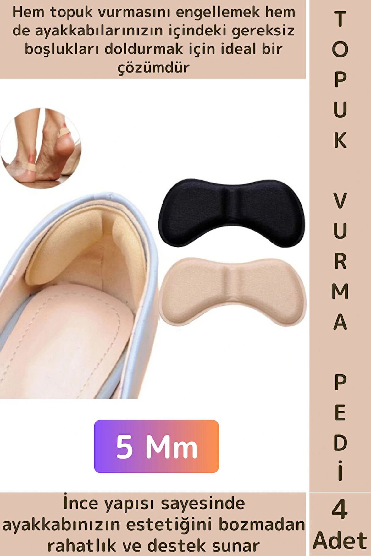 Gündelik Konforlu İnce Yumuşak Ayak Topuk Vurma Önleyici Boşluk Doldurma Daraltma Pedi 5 Mm 4 Adet
