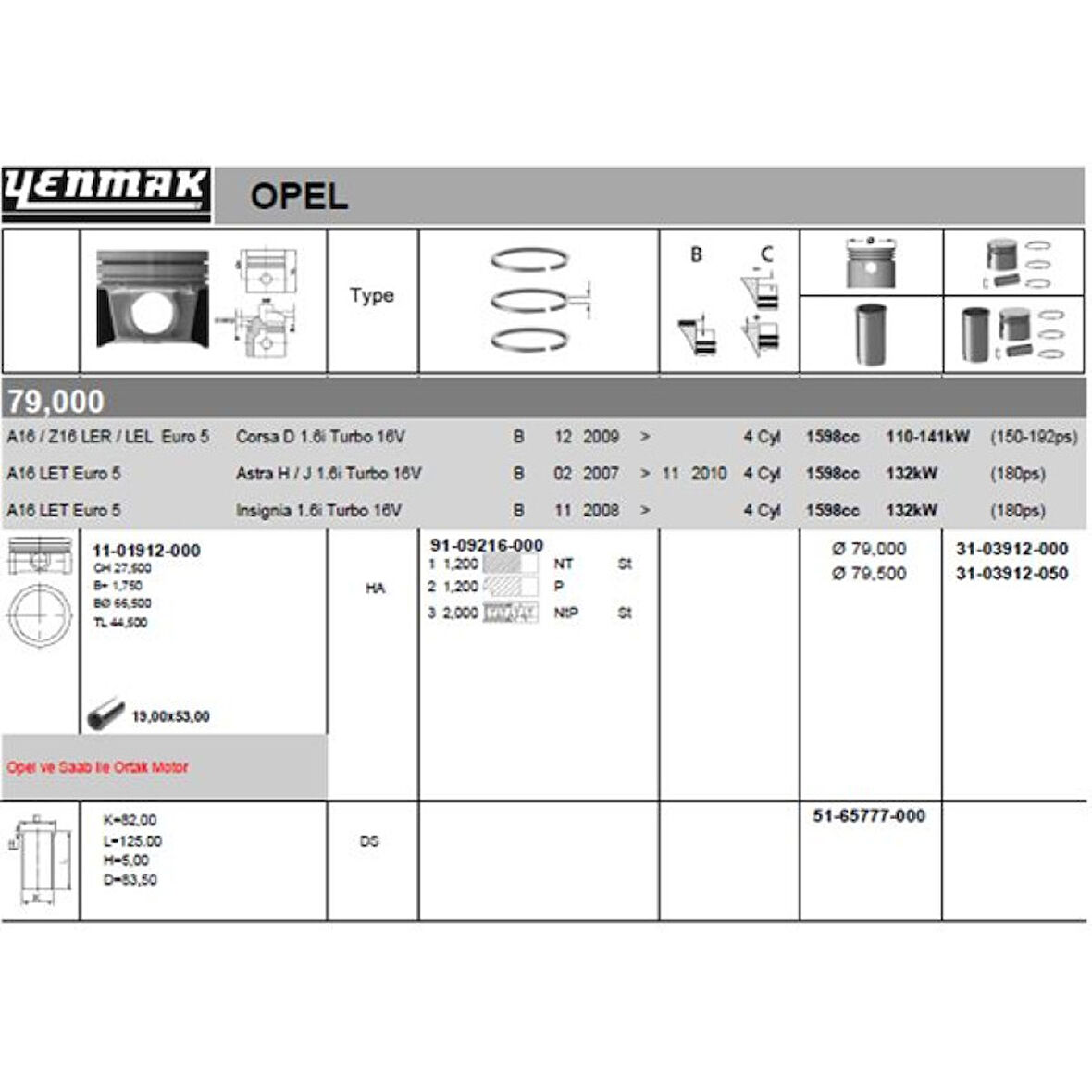 Opel Motor Piston Segman Takım Komple 0.50 (79.50mm) İnsignia A – Astra J – Meriva A – Z16let – A16let - Yenmak 31-03912-050