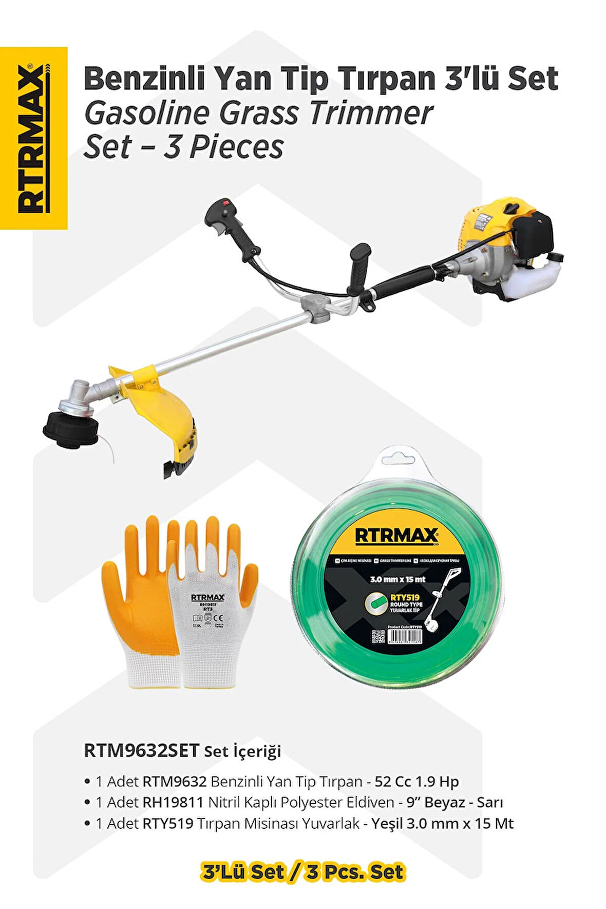 RTM9632SET Benzinli Yan Tip Tırpan 3'lü Set -Eldiven-Tırpan Misinası