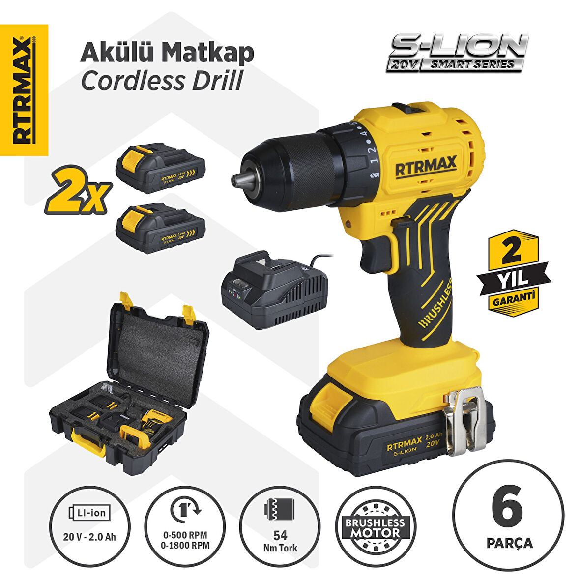 RTS5010 Şarjlı Matkap Kömürsüz 54 Nm 2x2 Ah 20V Çift Akü S-Lion - Akü Dahil