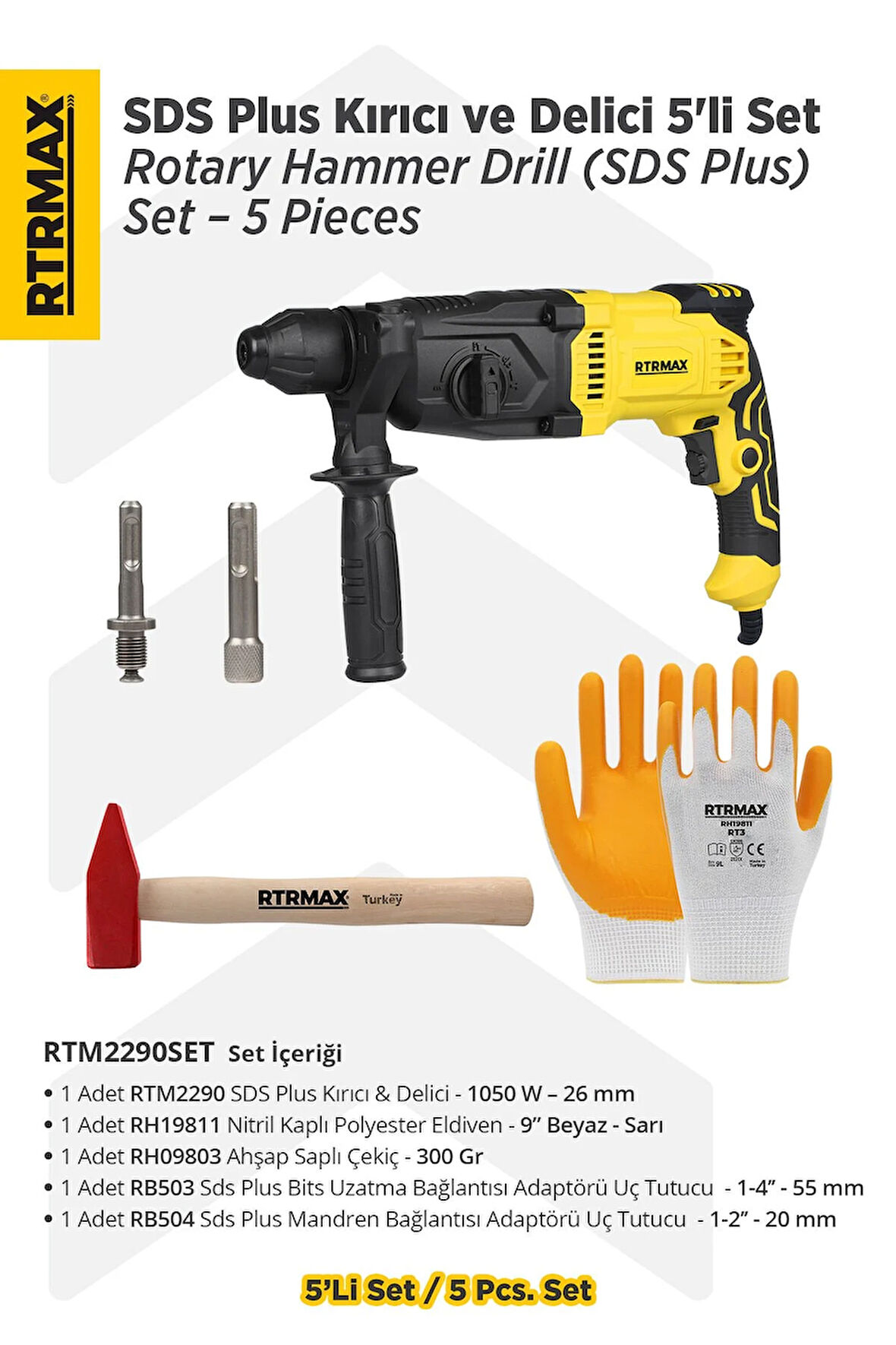 RTM2290SET Sds Plus Kırıcı ve Delici 5'lİ Set - Eldiven-Çekiç-Uç Tutucu