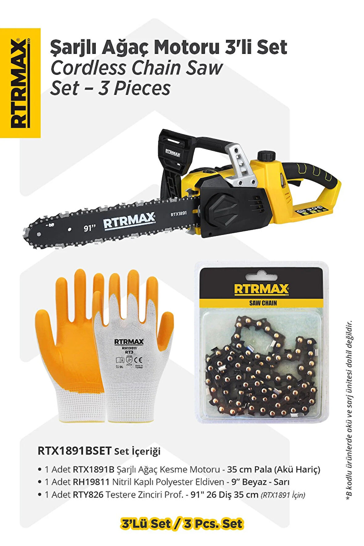 RTX1891BSET Şarjlı Ağaç Kesme Motoru 3'lü Set -Eldiven-Testere Zinciri