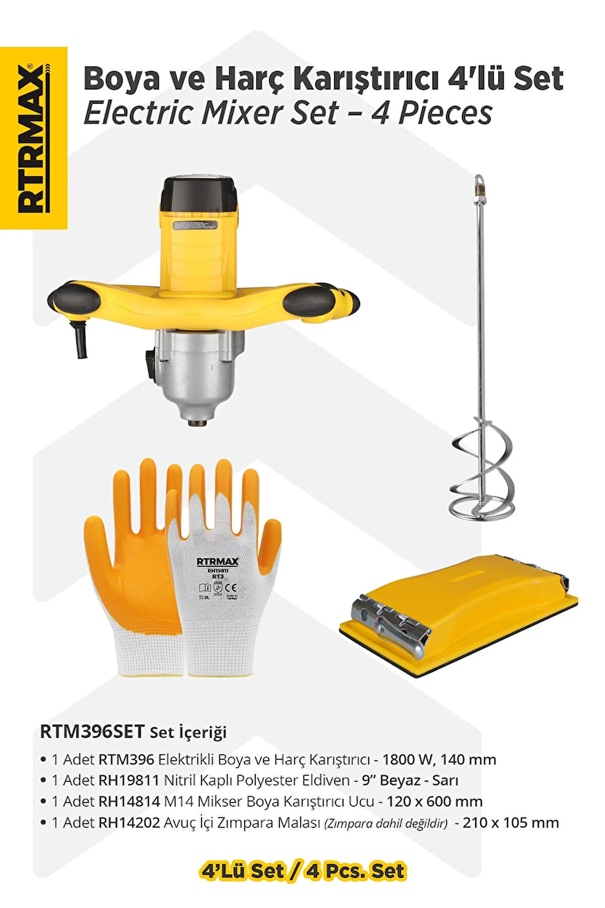 RTM3920SET Elektrikli Boya Karıştırıcı 4'lü Set - Eldiven-Boya Karıştırıcı Ucu-Zımpara Malası