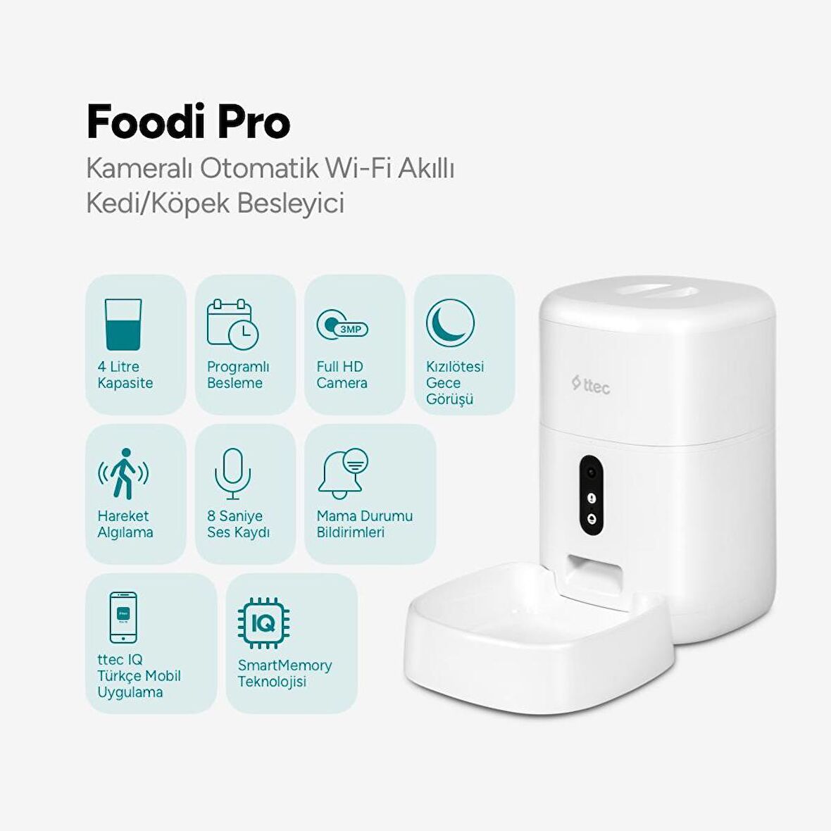 ttec Foodi Pro Full HD 3MP Kameralı Çift Yönlü Görüşmeli Otomatik Wi-Fi Akıllı Kedi/Köpek Besleyici