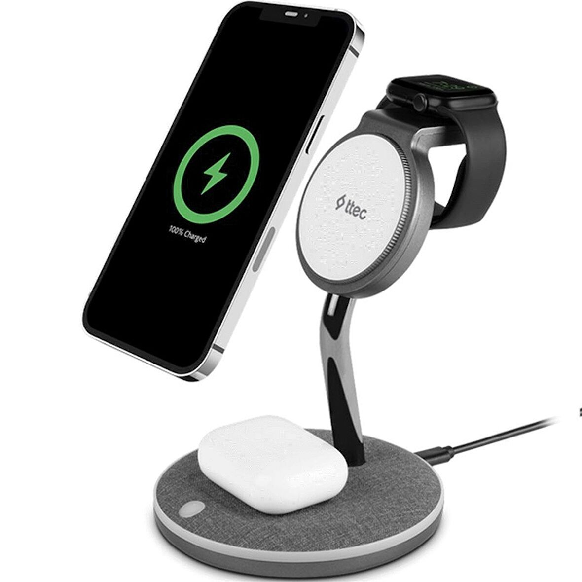 Ttec AirCharger Trio M MagSafe Uyumlu 3'ü 1 Arada iPhone + Apple Watch + AirPods Kablosuz Hızlı Şarj Standı